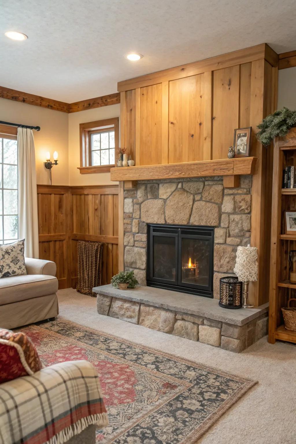Planks and strips enhance cottage allure to a drywall fireplace.