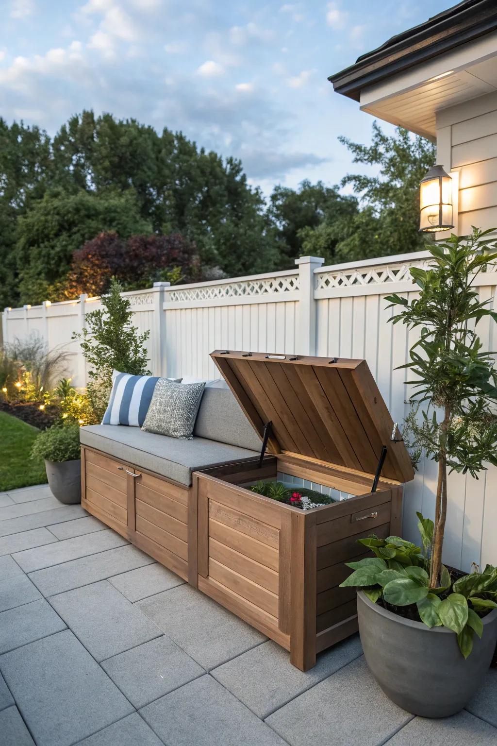 A bench with concealed storage presents a clever space-saving solution.