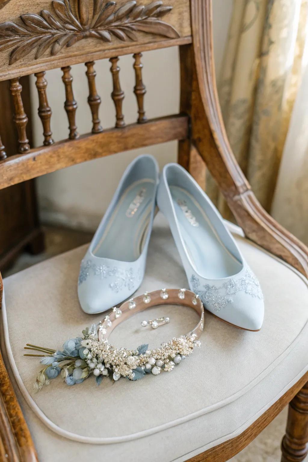 Charming bridal ornaments in soft teal that incorporate a personal accent to the ceremony ensemble.