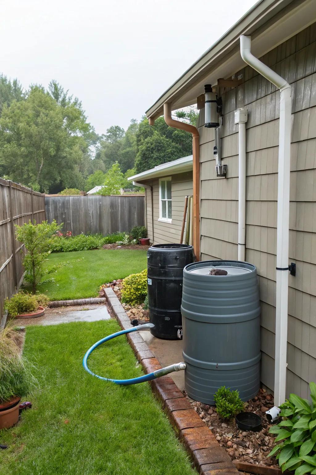 A backyard featuring a practical rainwater harvesting system with visible rain barrels.