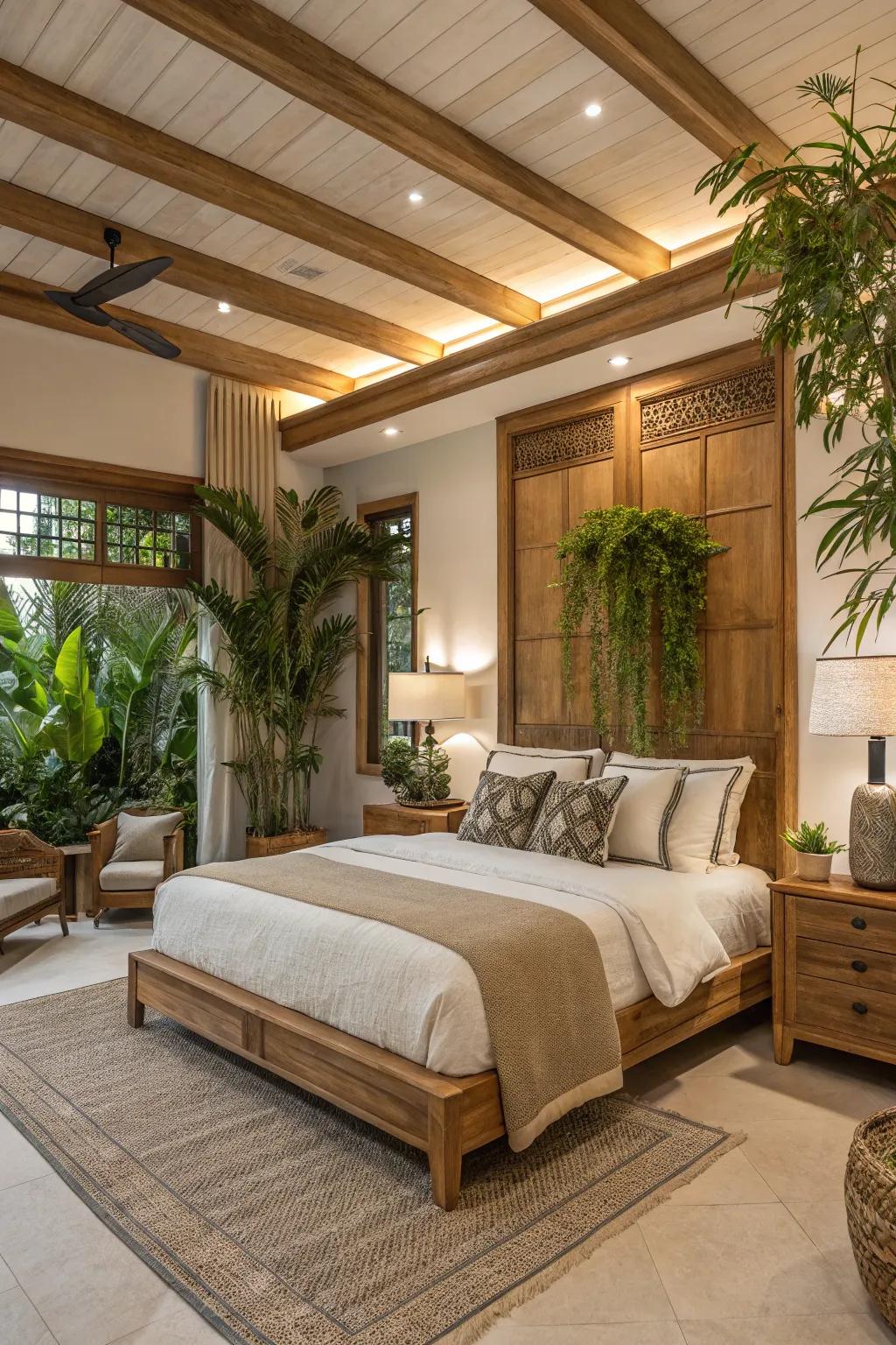 A luxurious bedroom featuring natural wooden accents and lush indoor plants.