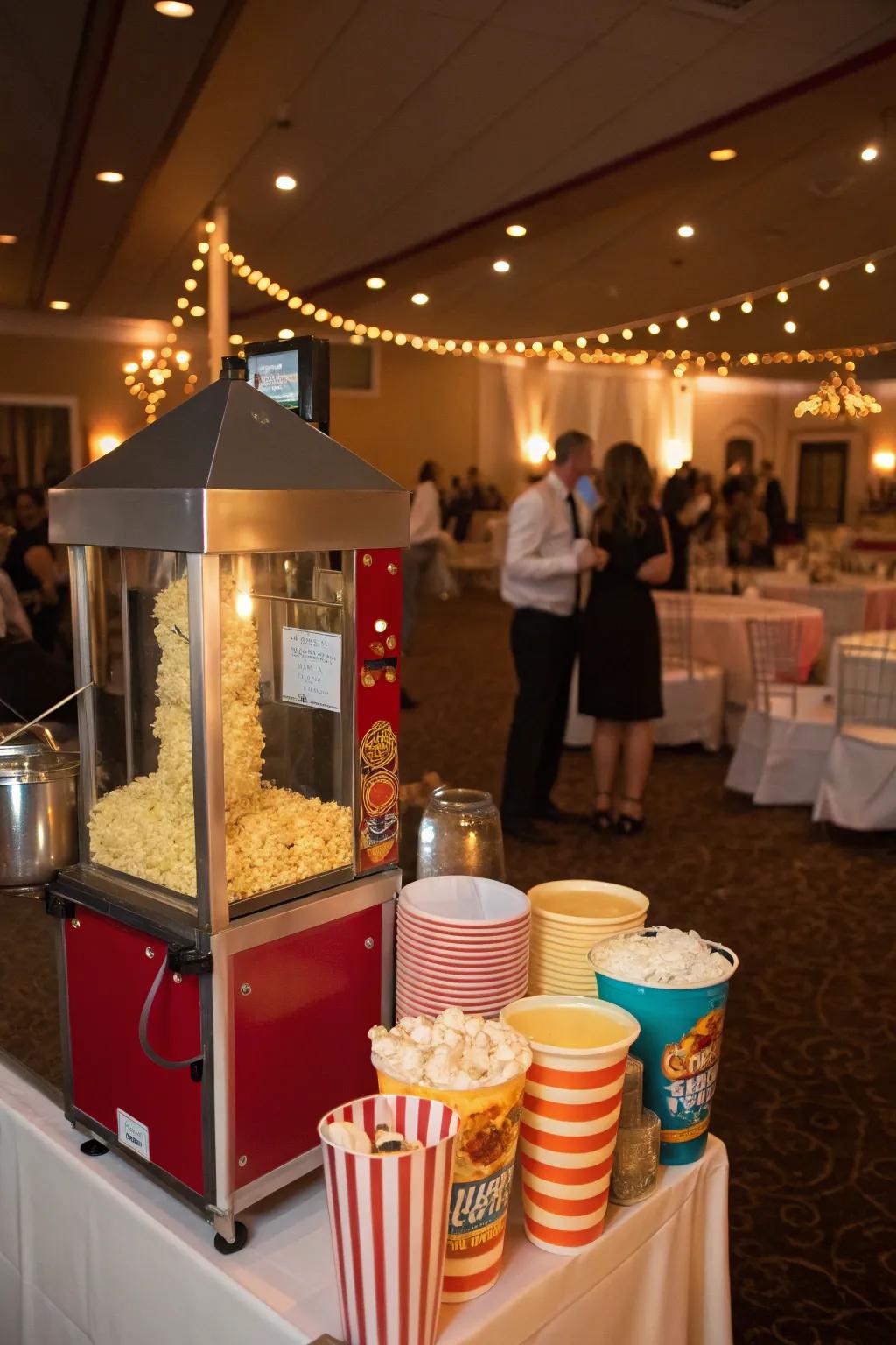 A late-night popcorn treat station, ready to refuel attendees during the wedding reception.
