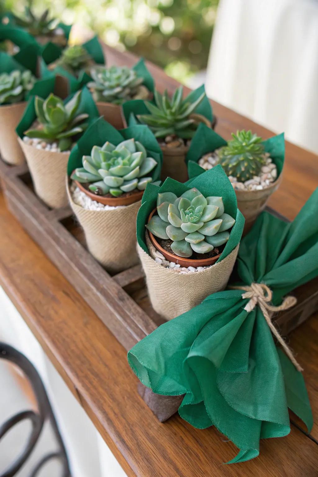 Eco-friendly wedding favors wrapped in teal.