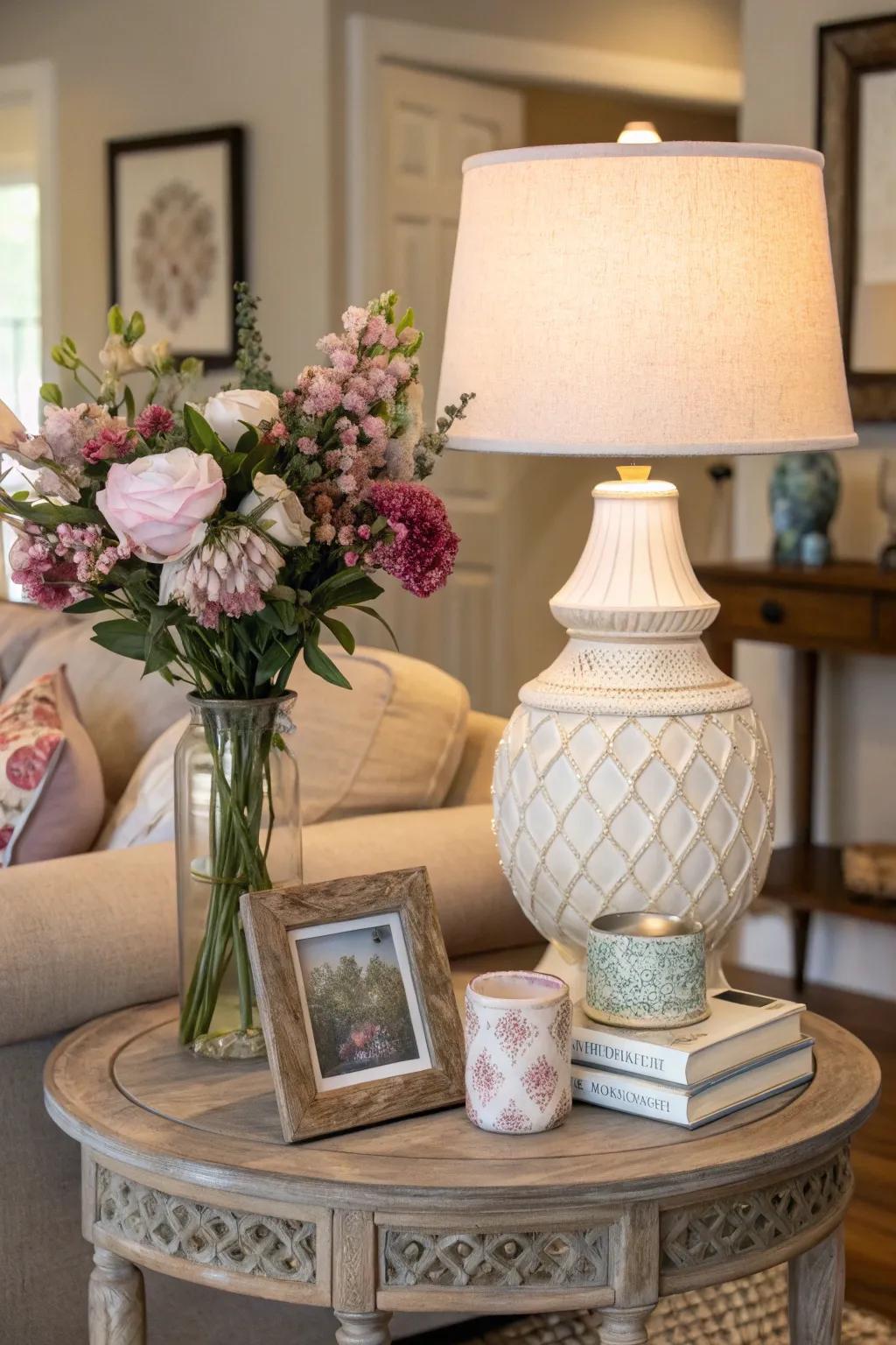 A harmonious color scheme bringing the side table decor together.