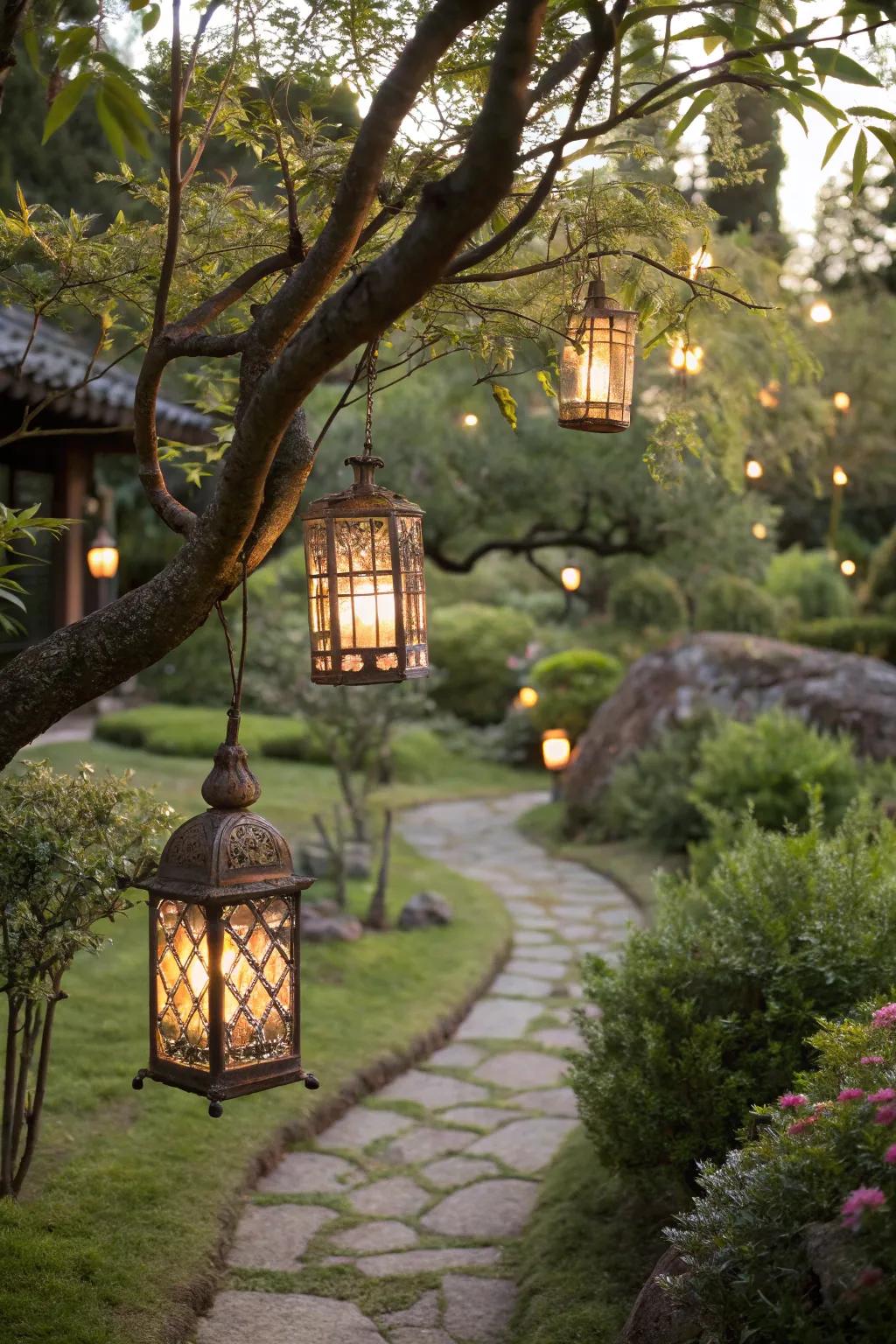 Lights add a captivating atmosphere to garden evenings.