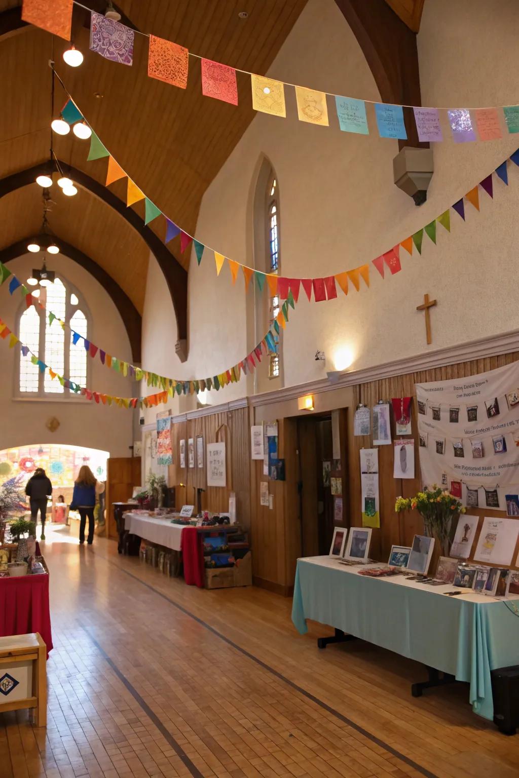 Interior crafts add a personal touch to the church foyer.
