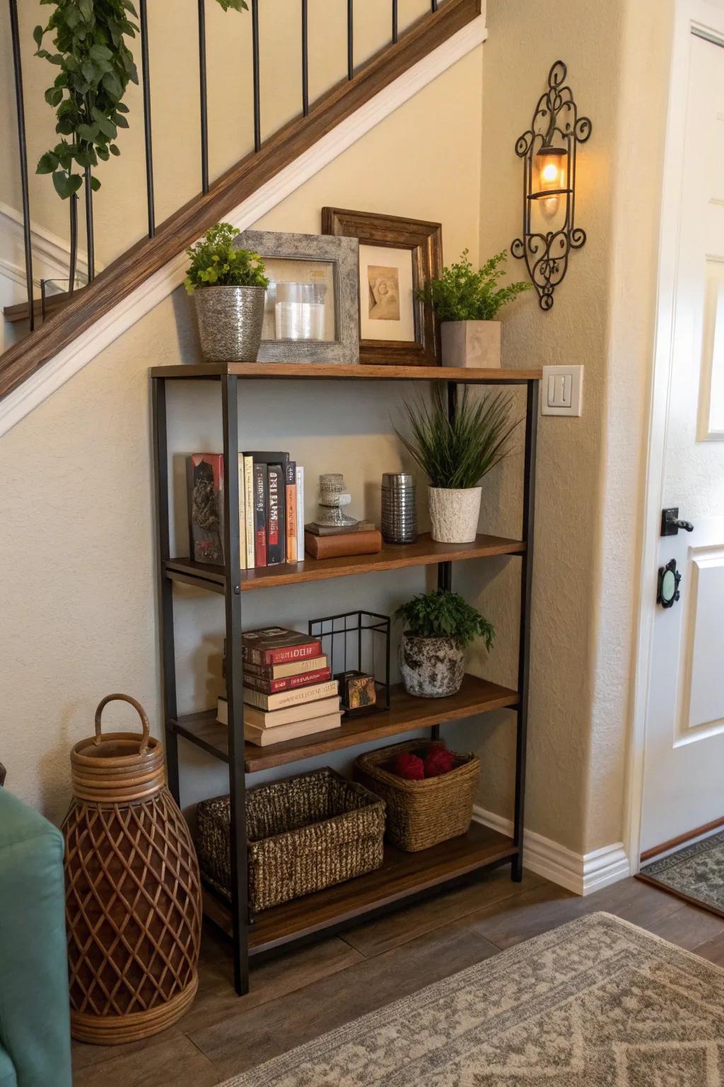 Keep things neat and decorate with a wall shelf that has several layers.
