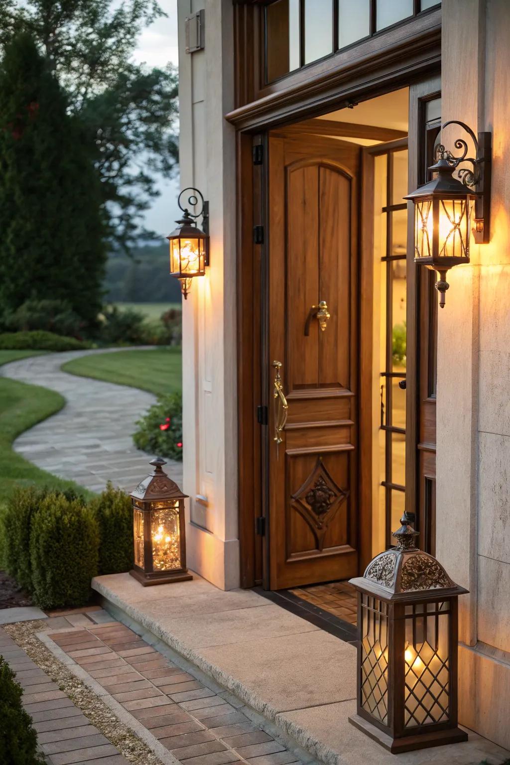 Ornamental illumination enhances the warmth of the entry.