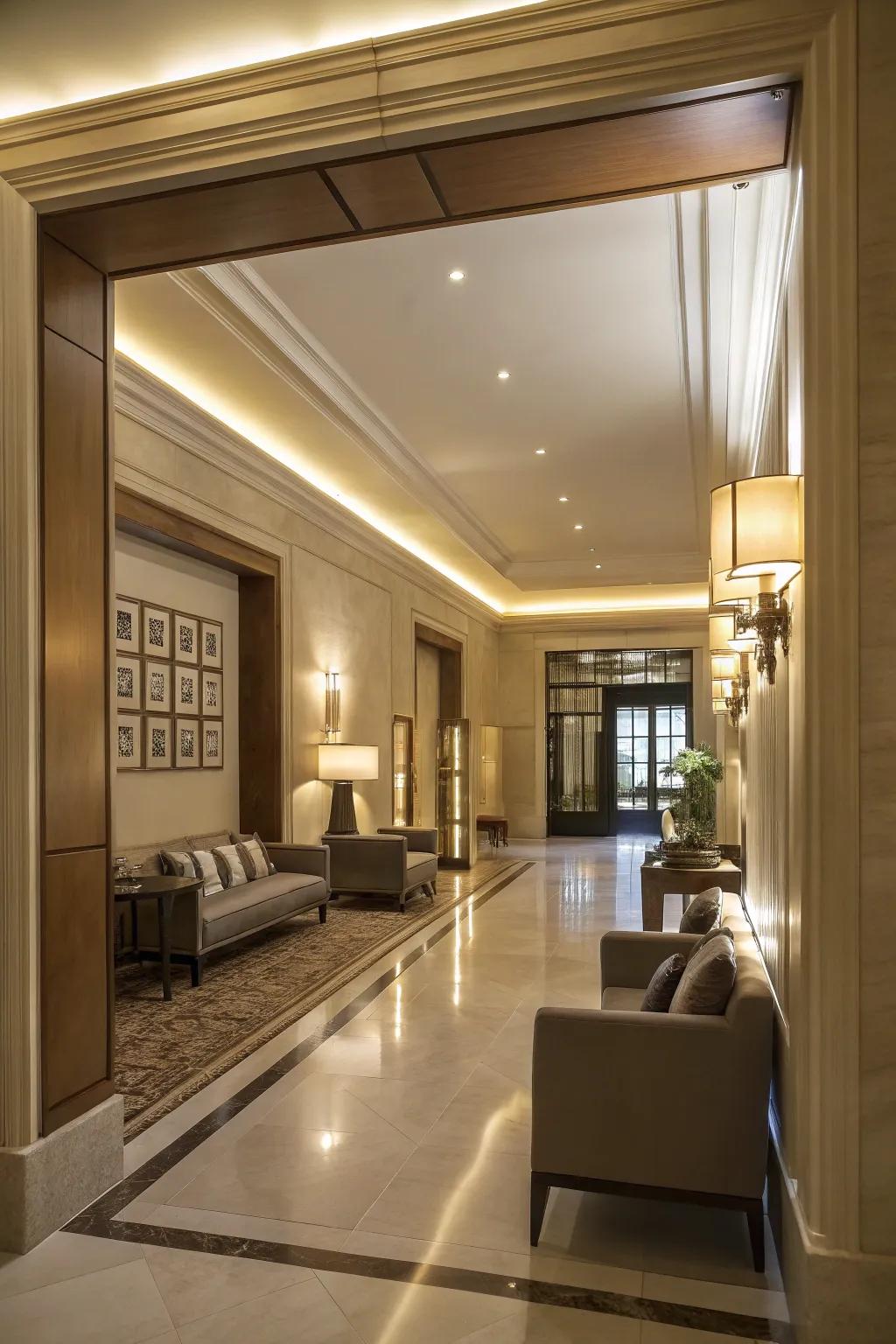 Lighting integrated into molding creates a contemporary glow.
