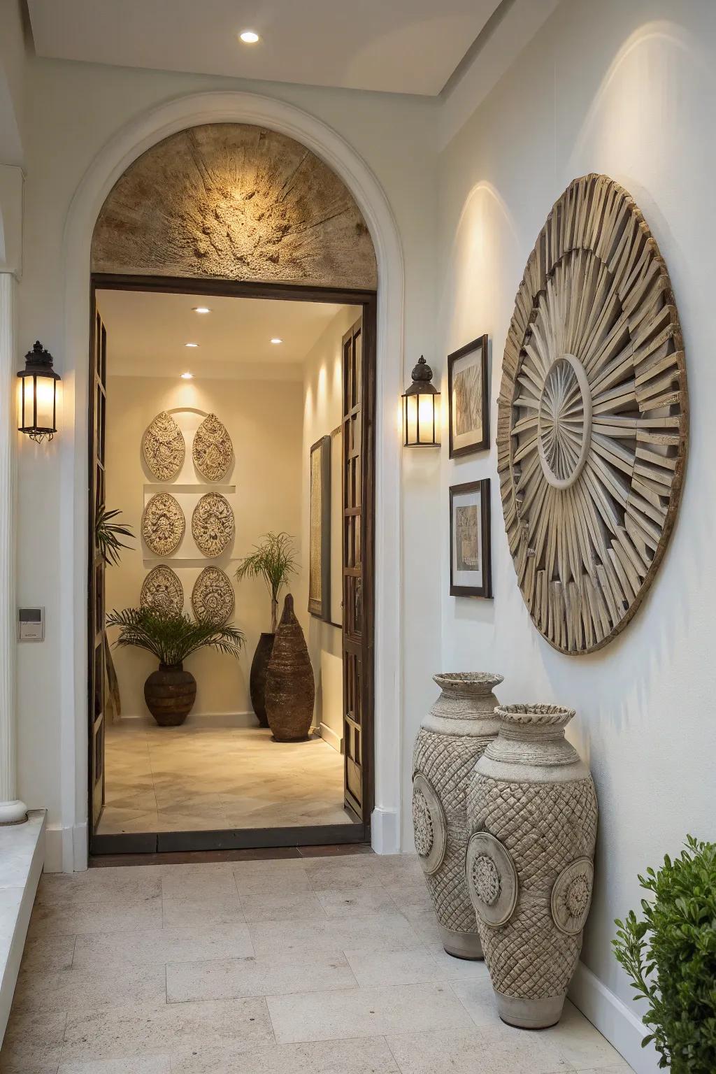 Sculptural wall art adds dimension to entryways.