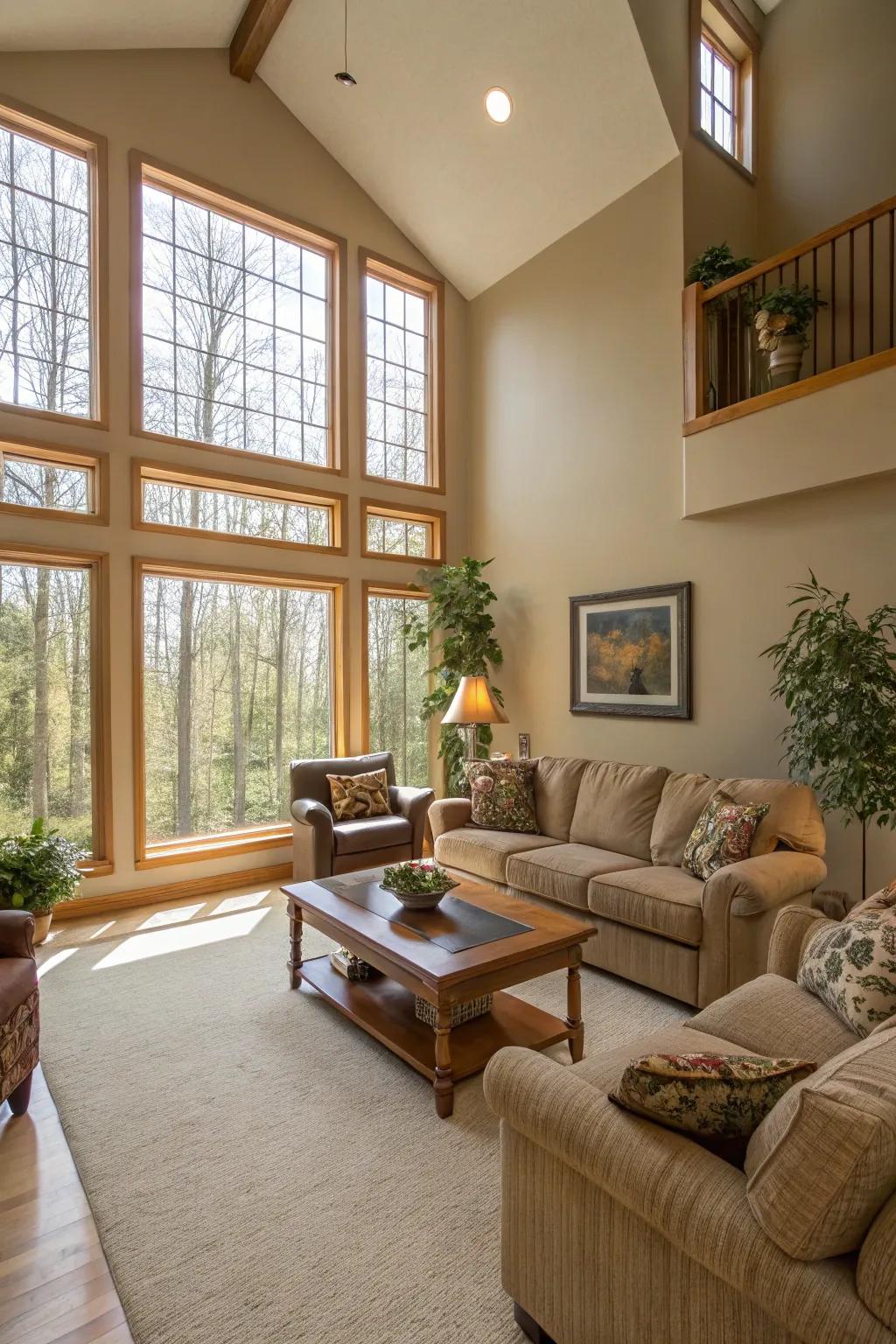 An open layout enhances the airy sensation of this European-inspired living area.