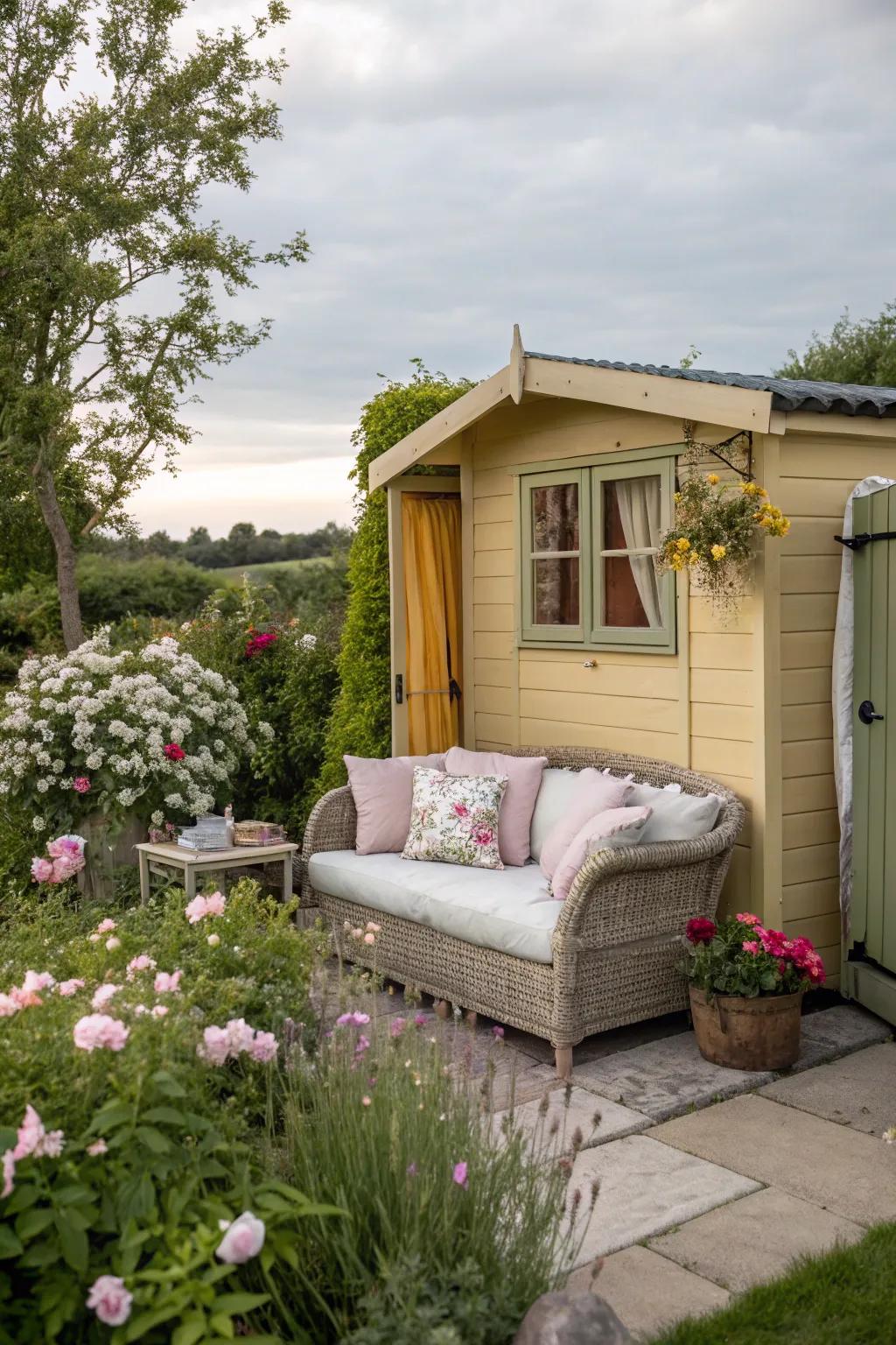 A cozy seating area transforms your shed into a retreat.