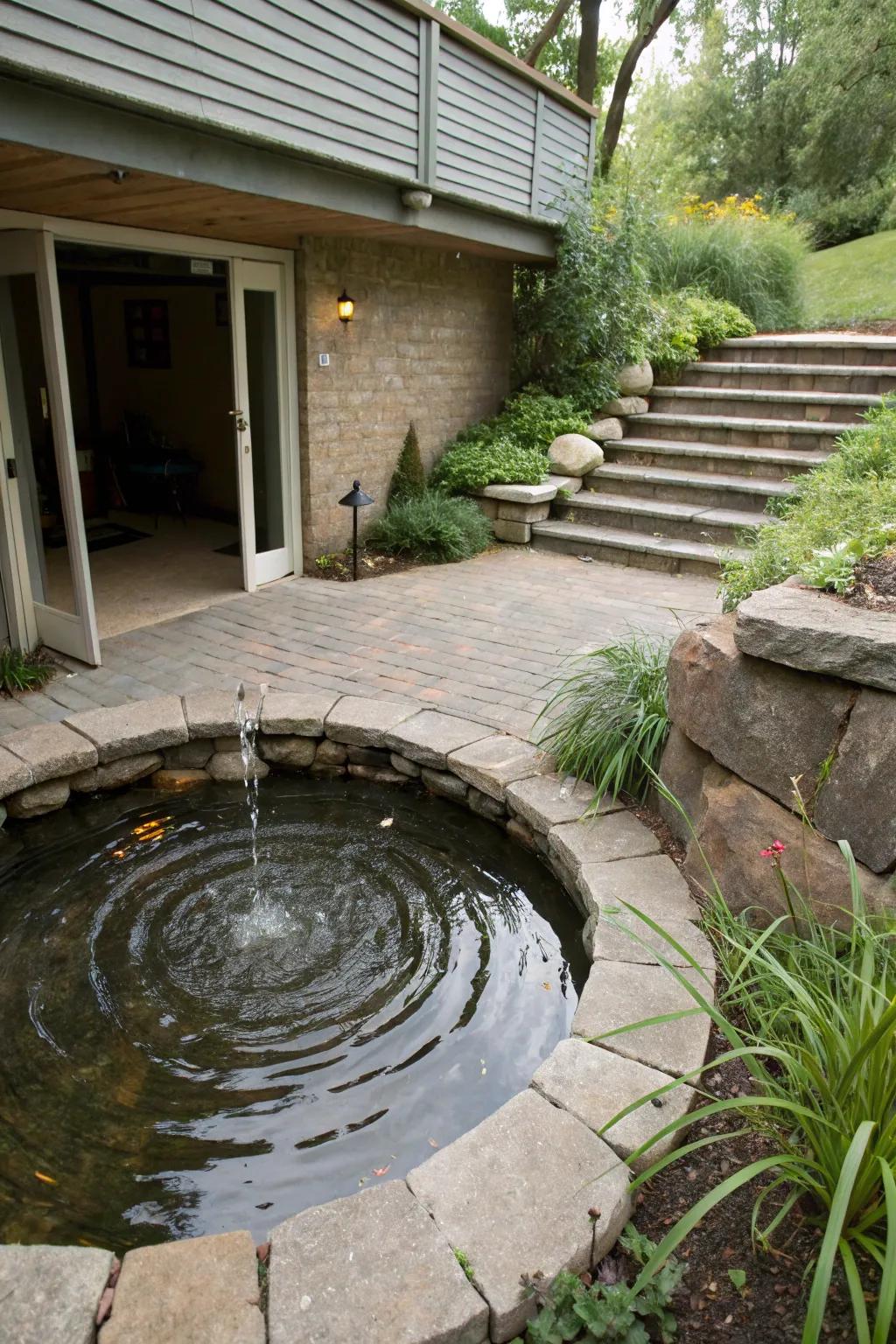 A serene pool near an exit basement enhances the tranquil atmosphere.