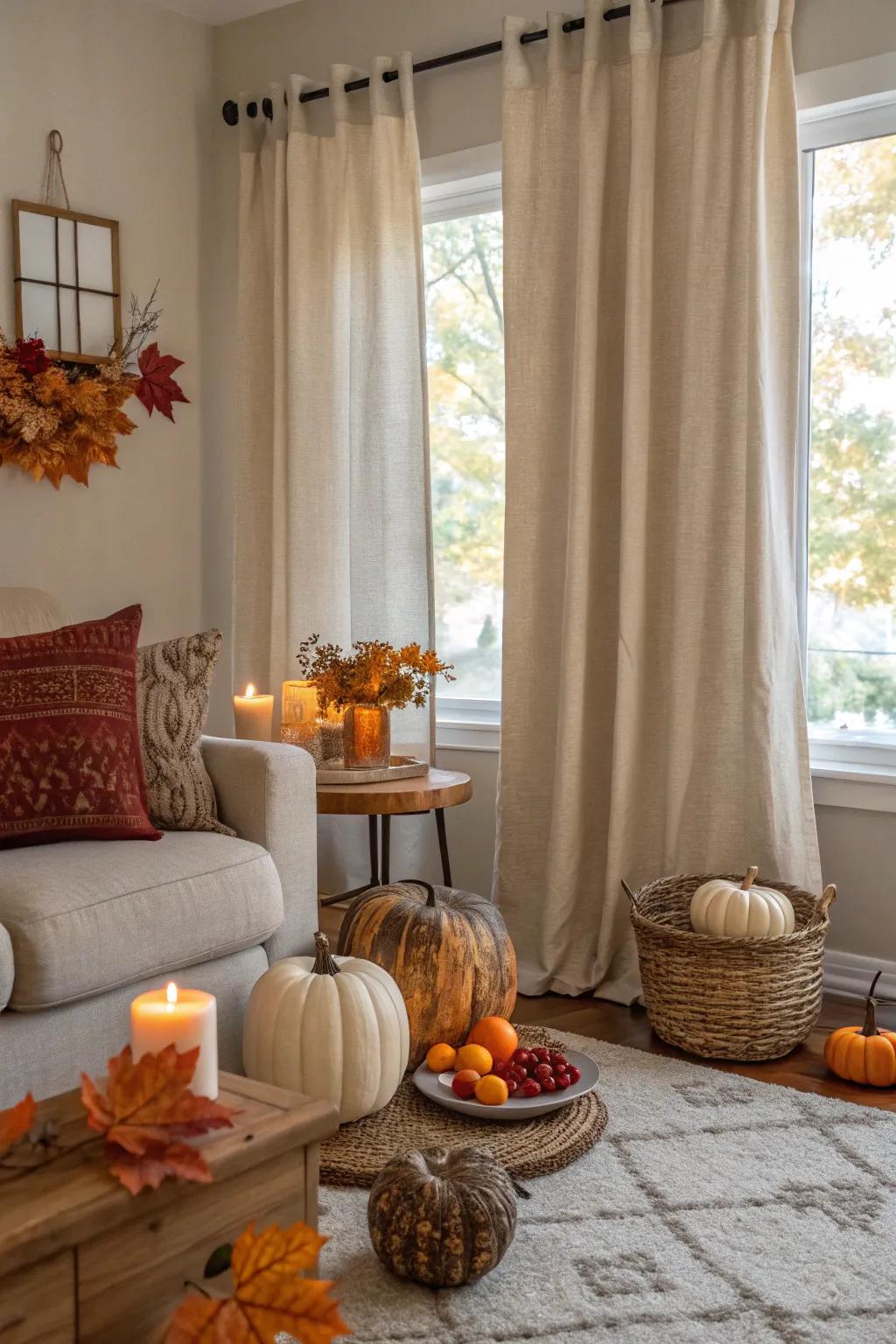 Neutral-toned curtains add elegance to fall-themed decor.