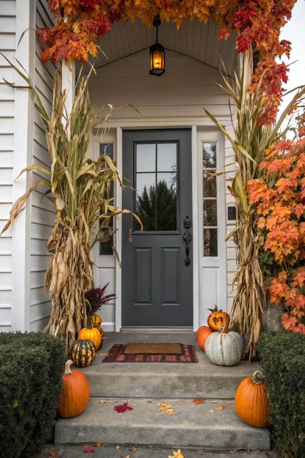 Maize stalks contribute height and drama to a fall-inspired door.