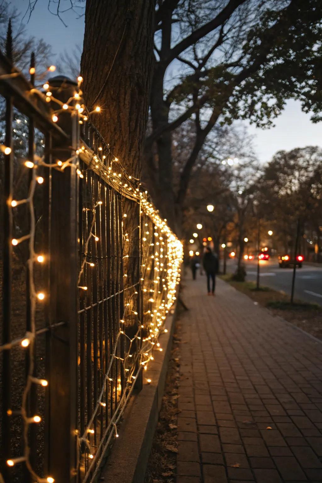 Warm white string lights generate a cozy luminosity on the fence.