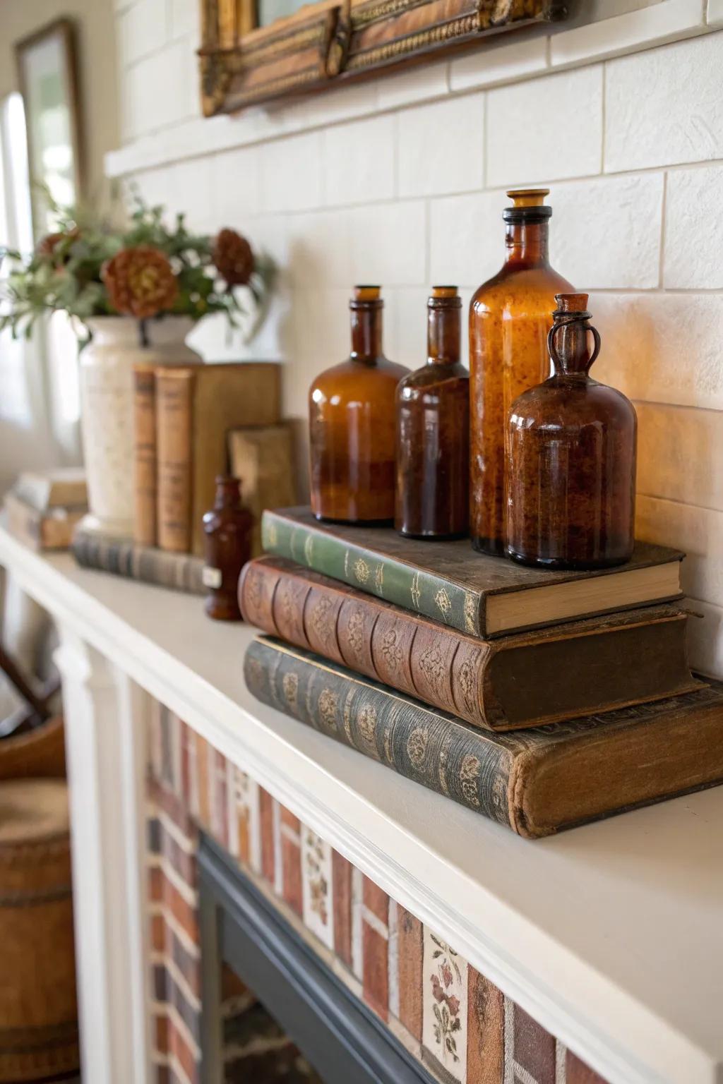 An autumnal fireplace featuring vintage manuscripts and amber vials.