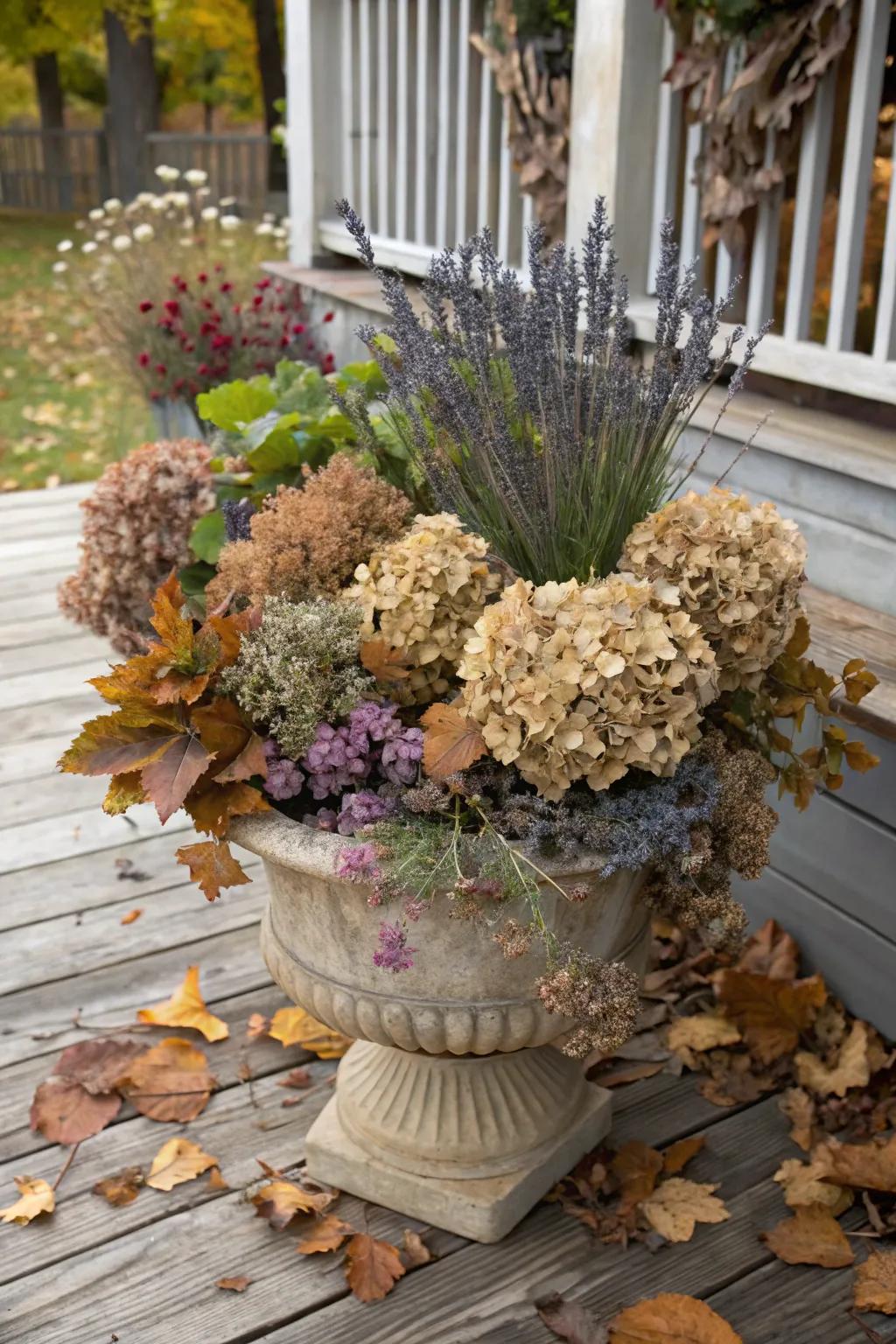 Dehydrated blossoms bring a hint of vintage elegance to your fall containers.