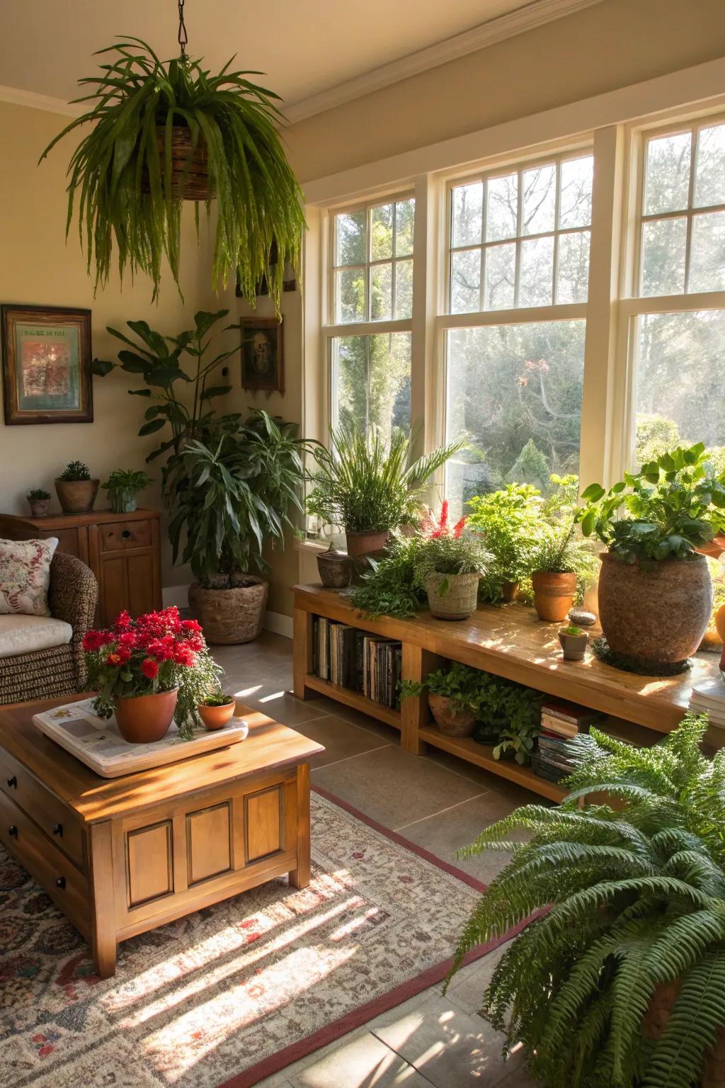 A family room enlivened with the freshness of indoor botanicals.