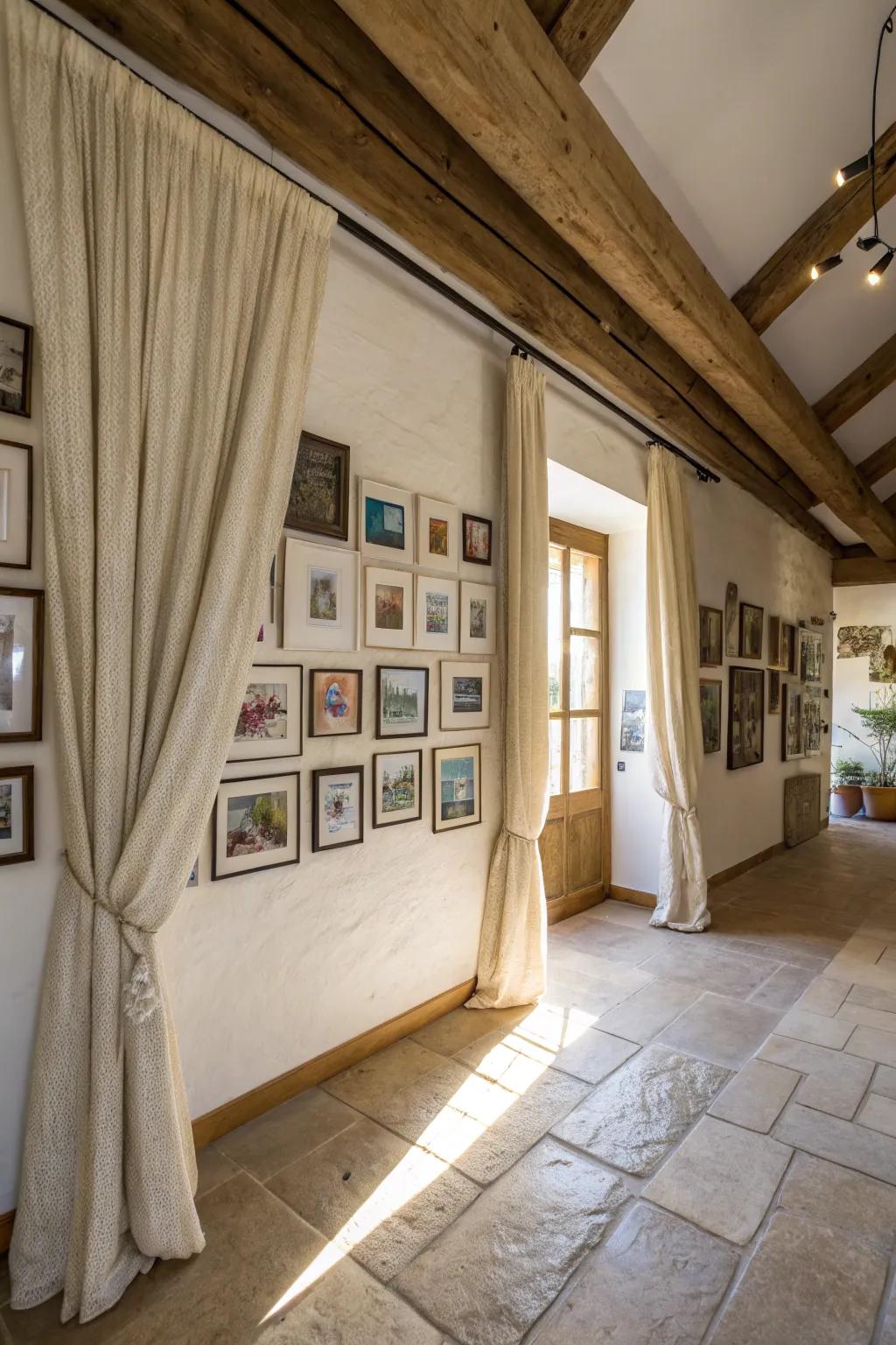 Coverings exquisitely outlining a gallery wall within a countryside interior.