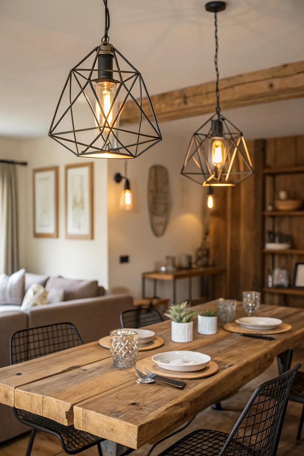 Geometric iron designs bring a modern edge to country house lighting.