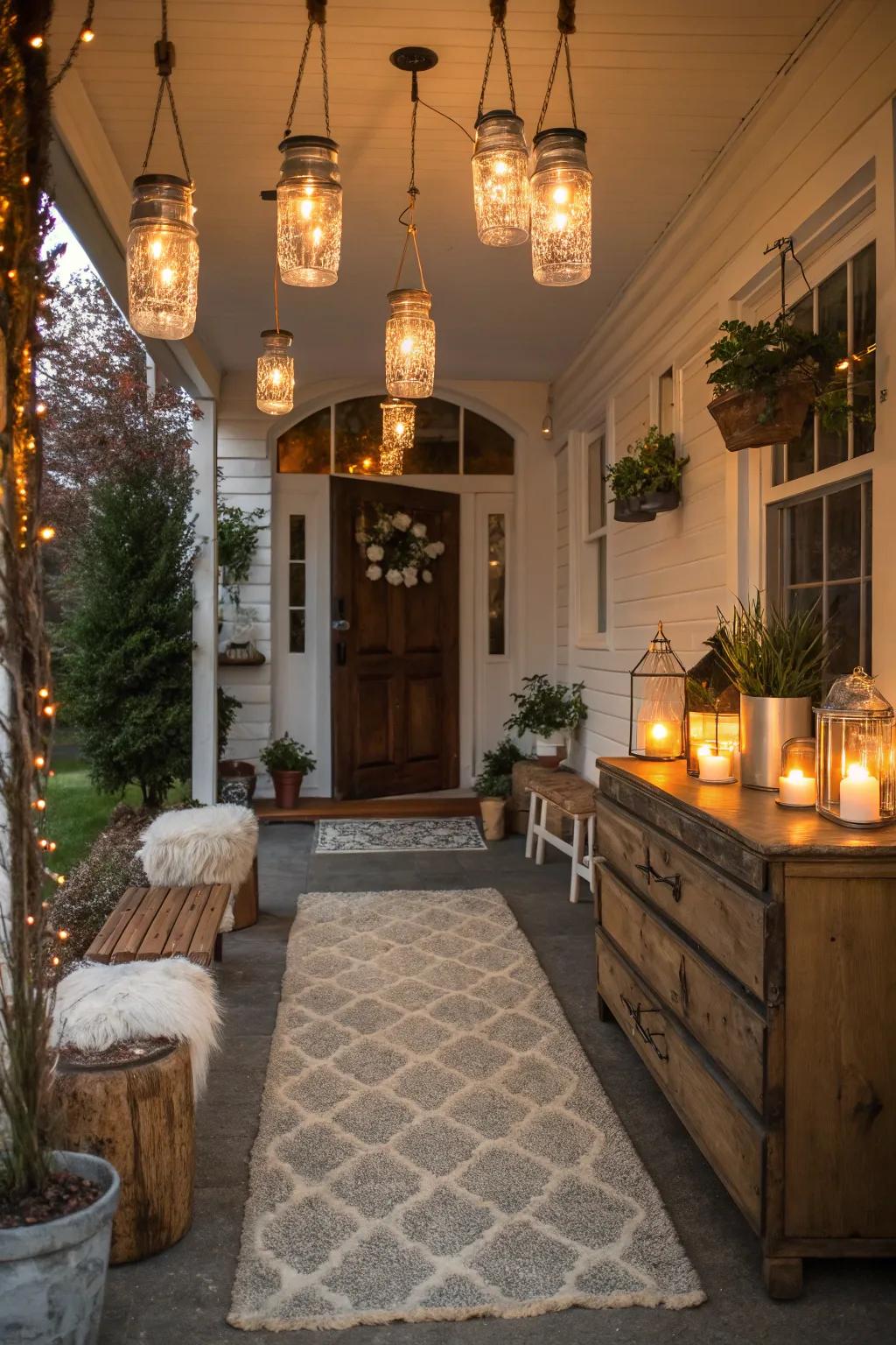 A farmhouse entryway illuminated by charming canning jar lighting.