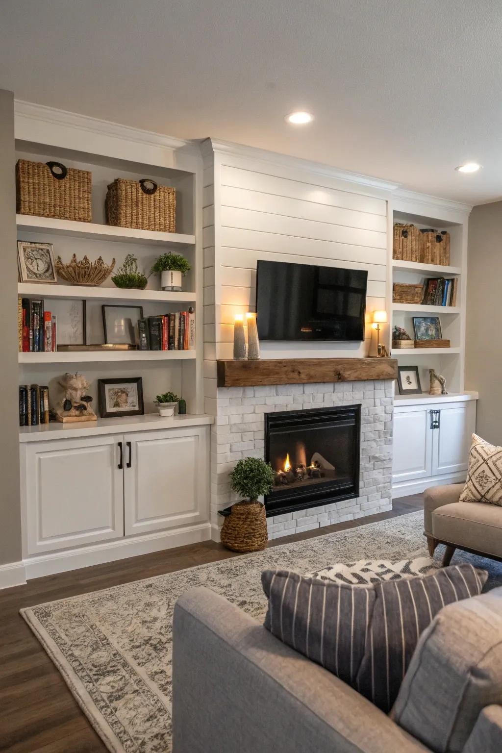 Integrated shelving enhances both functionality and flair.