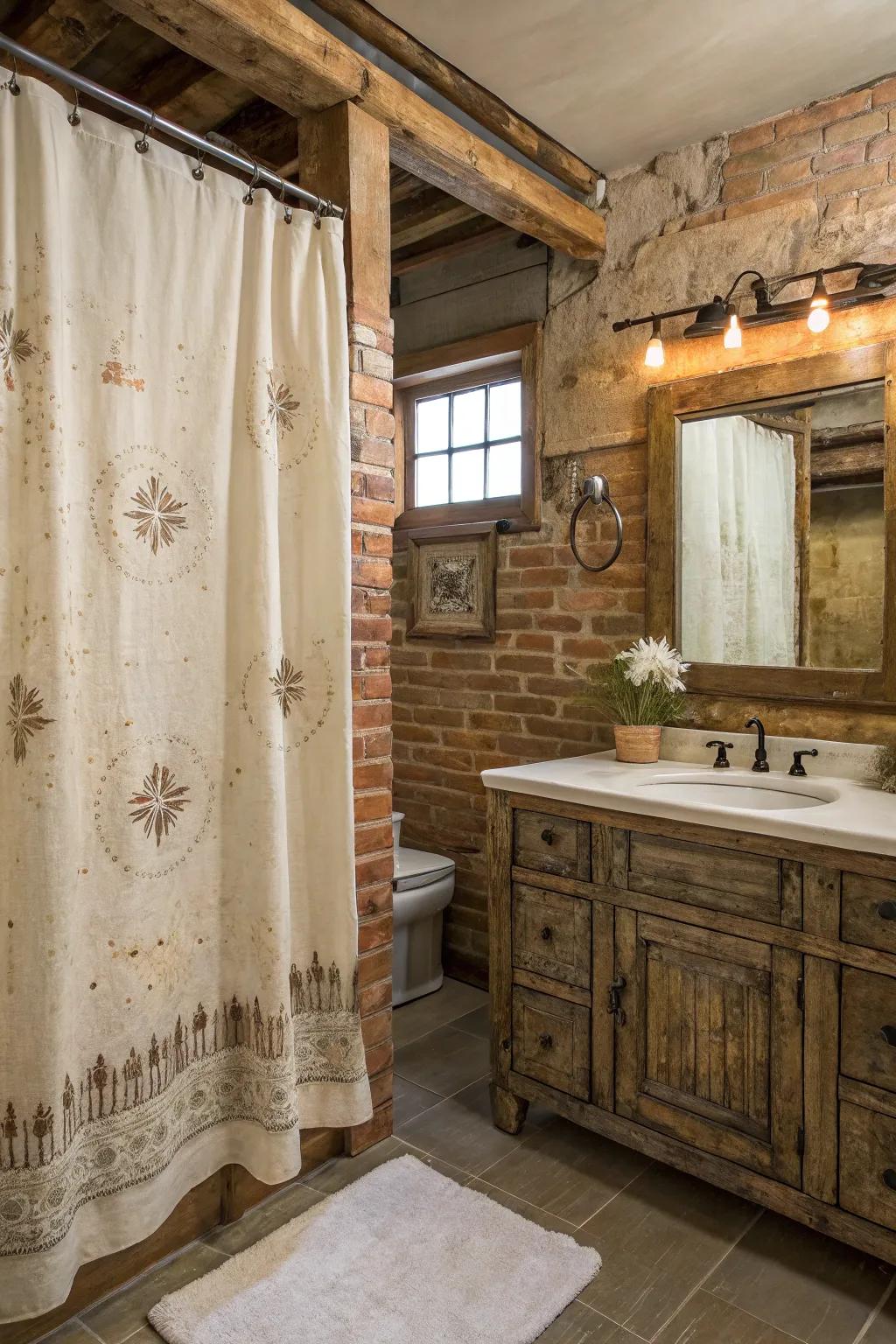 A lavatory featuring a distressed texture shower drape and rustic decor elements.