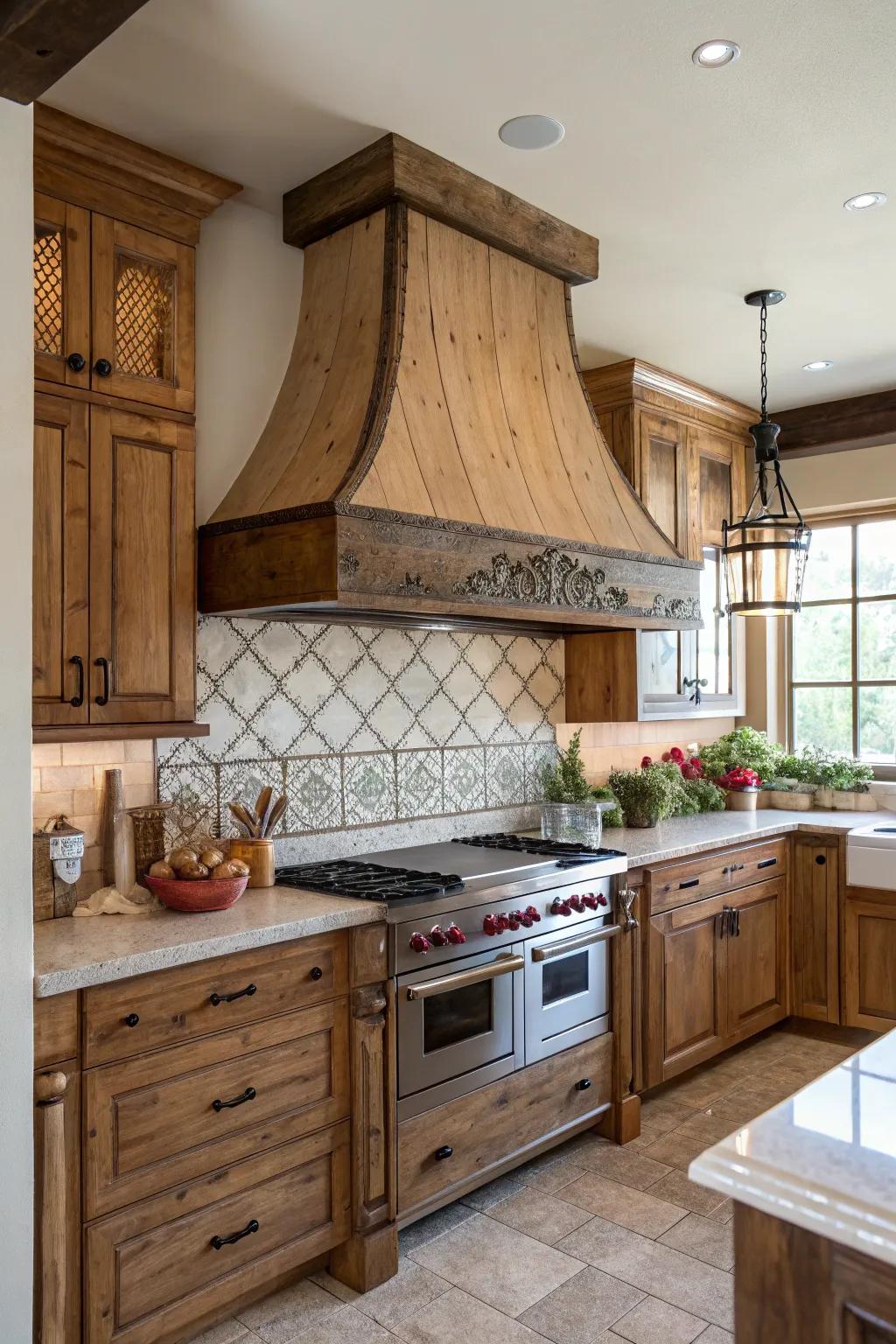 A country support vent hood fashions a bold center point in the kitchen.