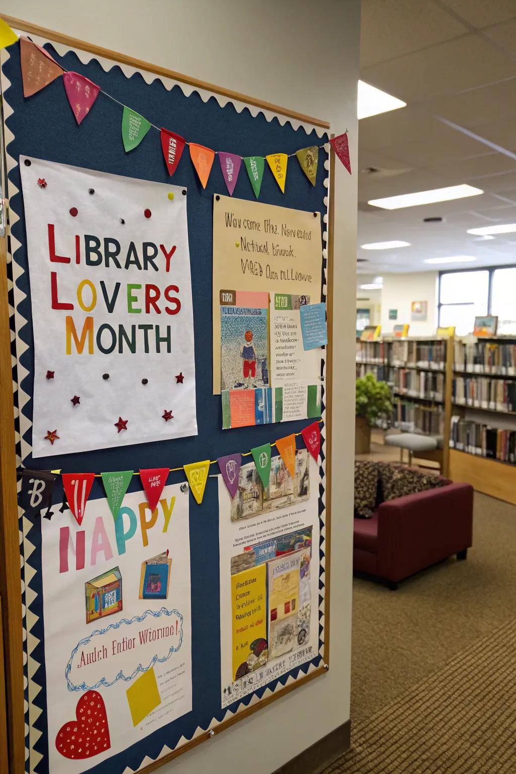 A bibliotheca-themed bulletin board celebrating tome devotees.