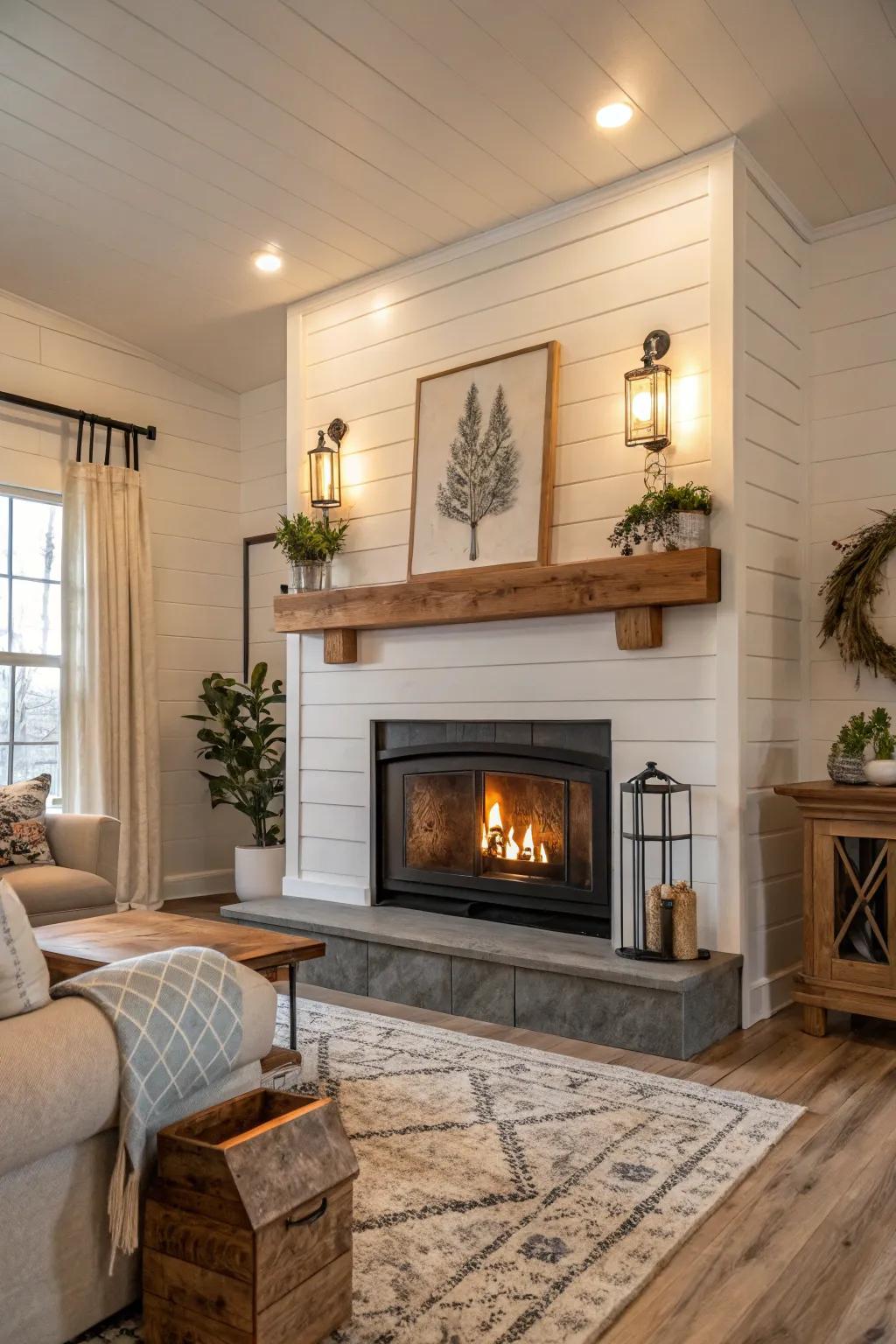 Plank board accents contribute countryside allure to this cozy fireplace.