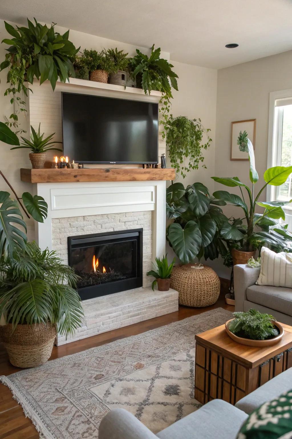 A living area featuring foliage enhancing a fireplace and TV arrangement.