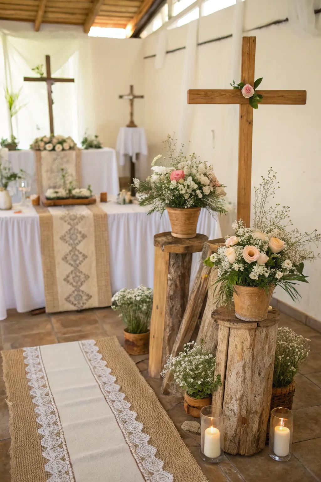 Countryside timber elements append allure and warmth to the overarching decorations.