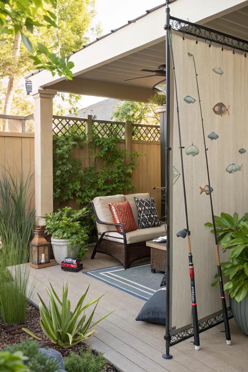 Angling tools fashion an attractive and functional patio seclusion screen.