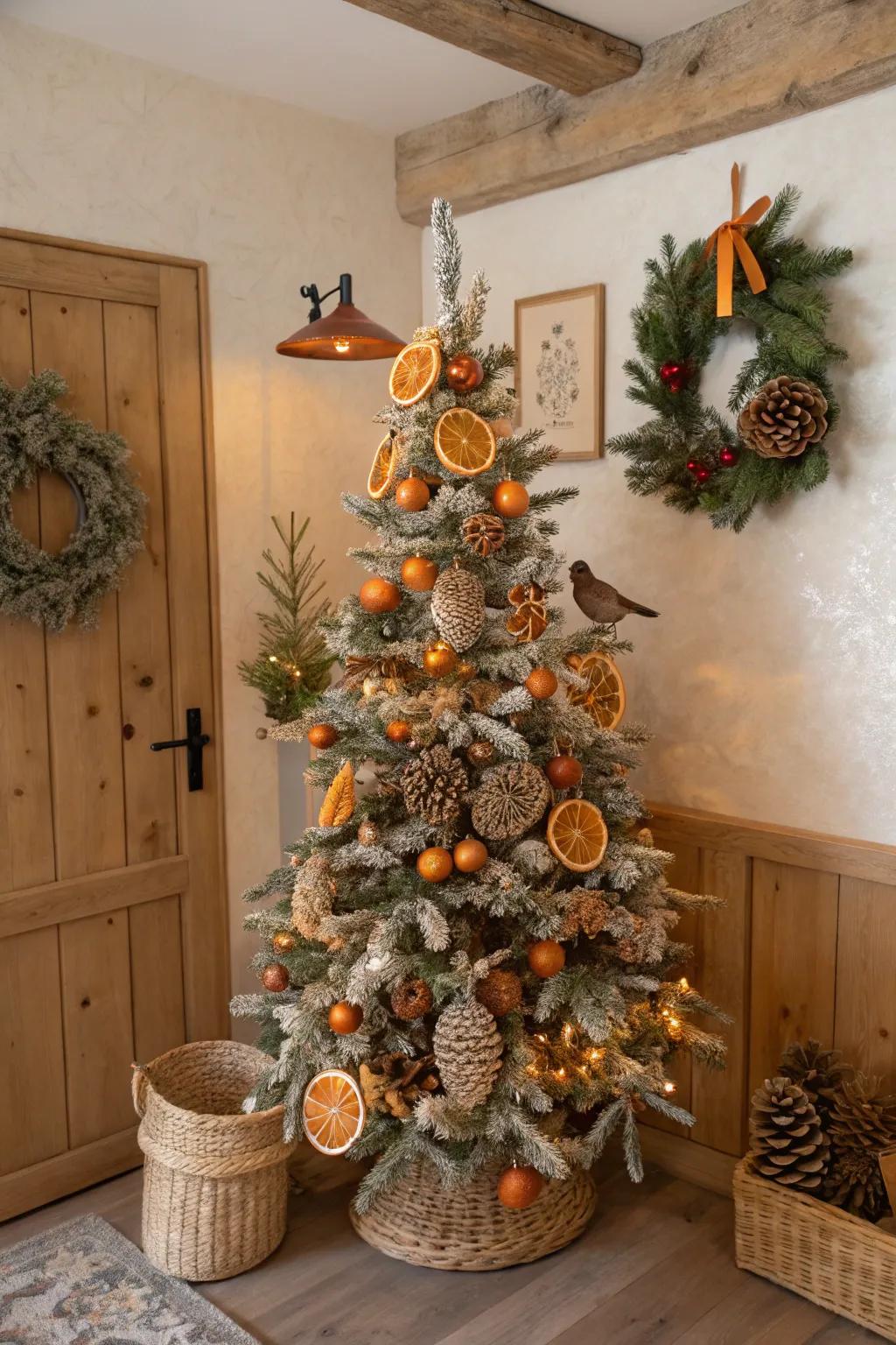 A nature-themed flocked Christmas tree showcasing organic elements.