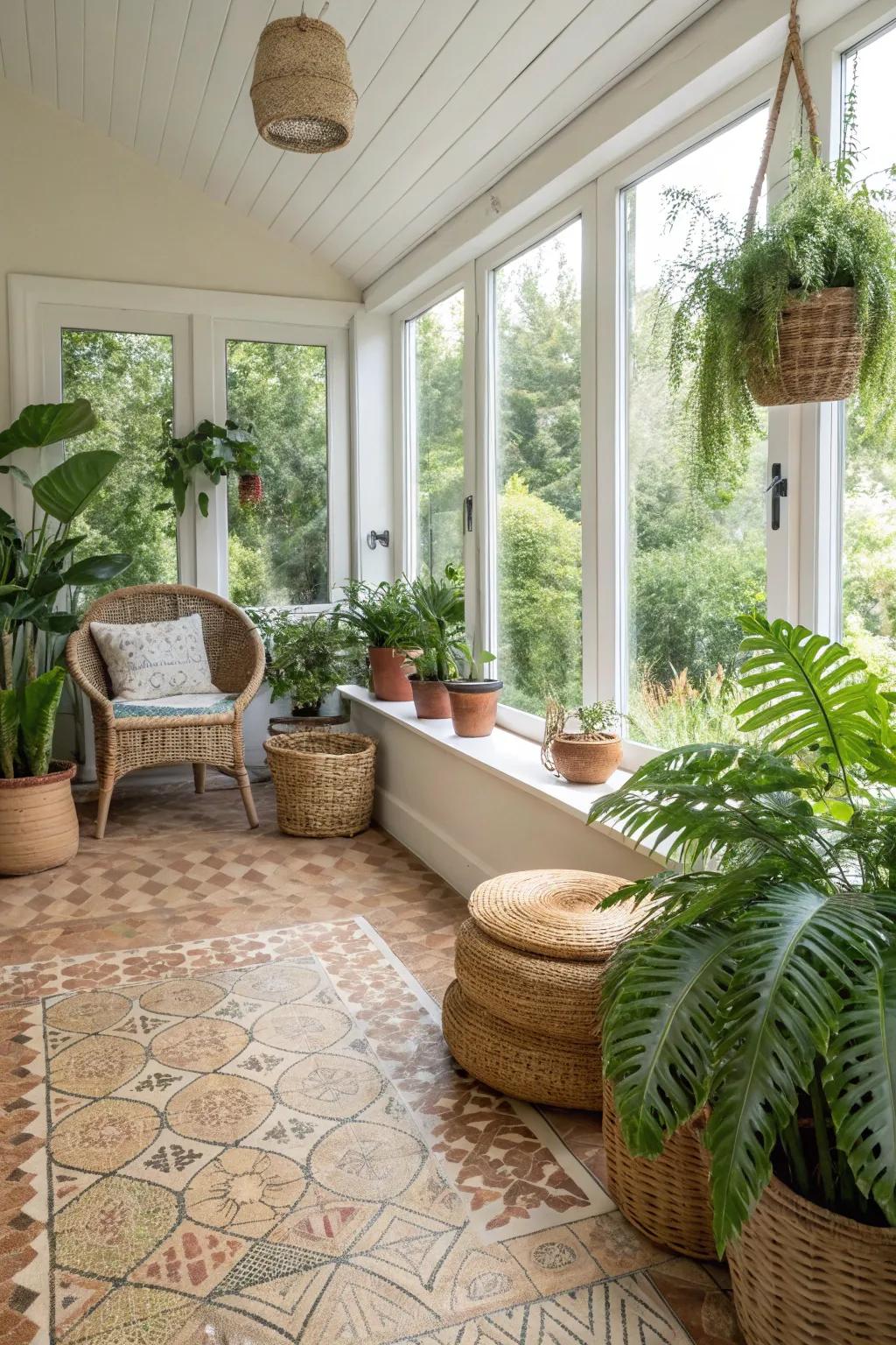 Eco-friendly sunroom featuring earthy flooring.