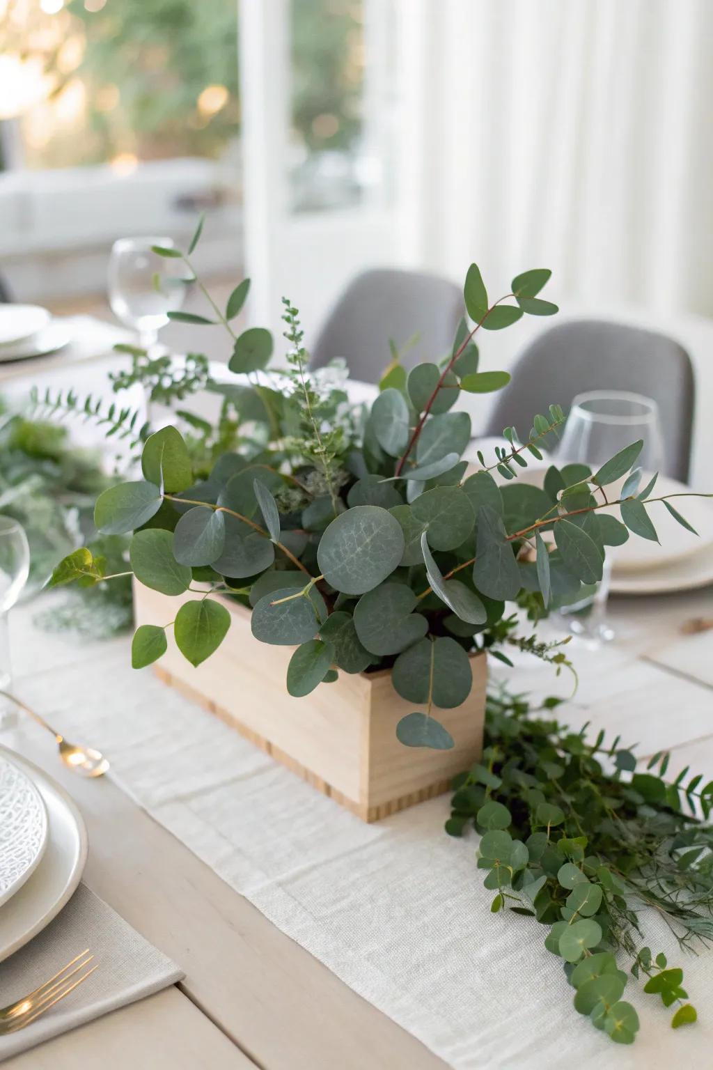 Elegant simple greenery centerpiece, ideal for a crisp and sophisticated look.