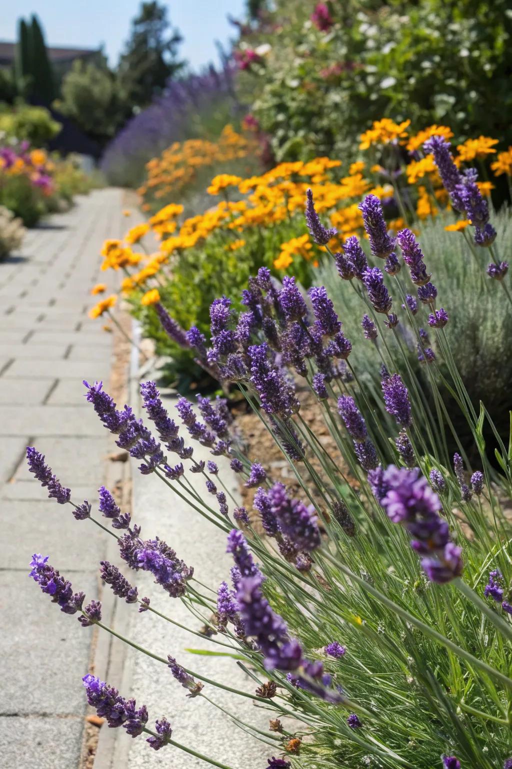 A sun-drenched floral perimeter showcasing low-maintenance, drought-resilient flora like lavender.