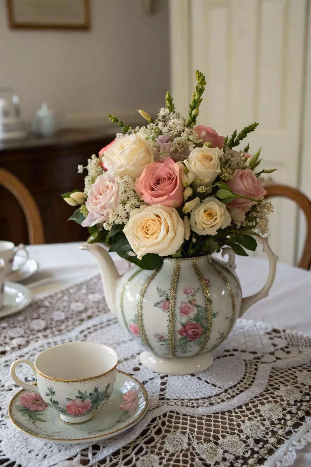 A retro arrangement within a tea brewing pot introduces a nostalgic element to a dining surface.