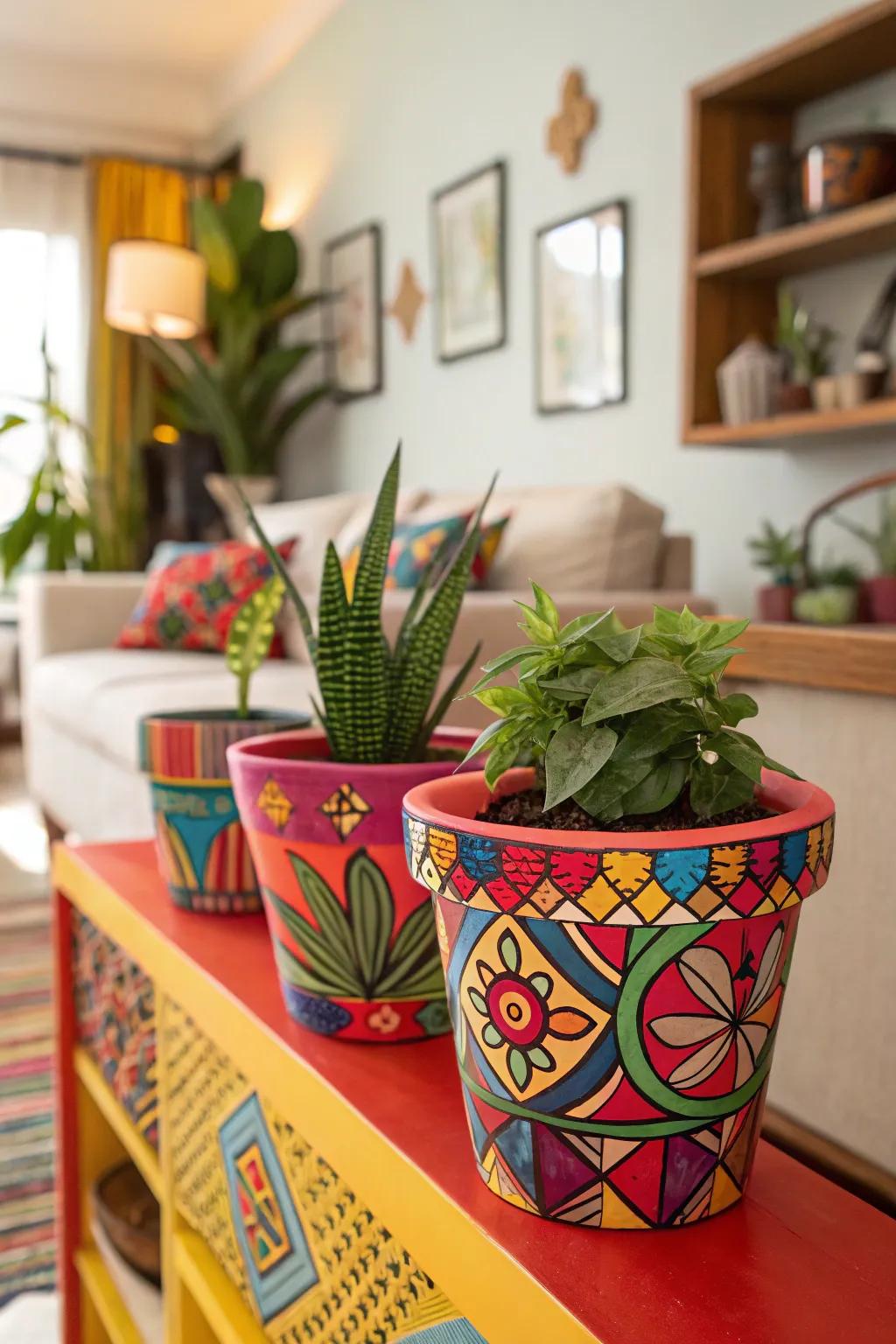 Create a statement using striking, rainbow designs on your plant pots.