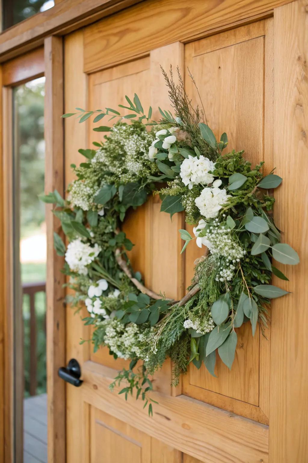 A wintertime ivory wreath delivering seasonal enchantment on the main entrance.