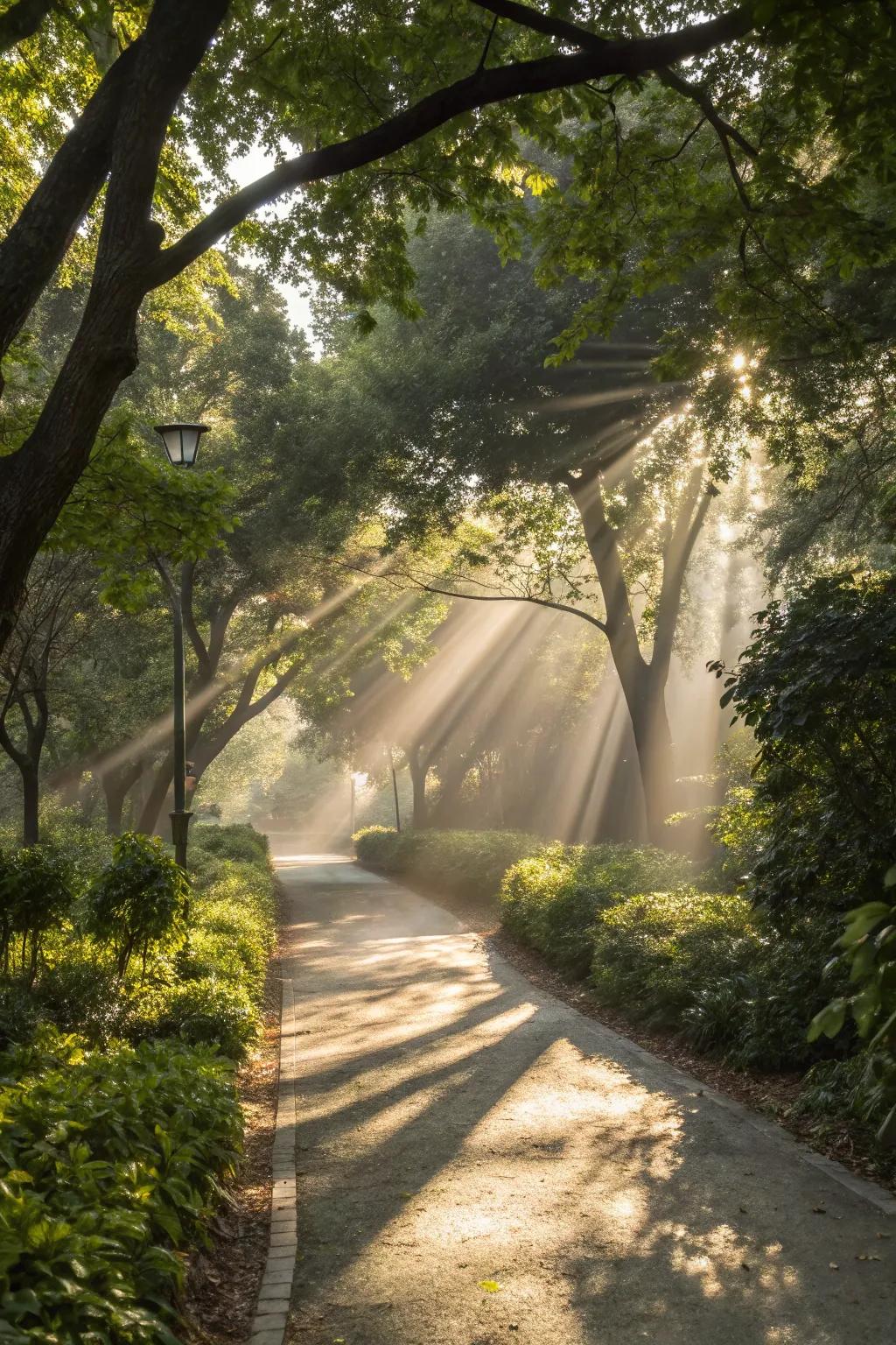 Filtered sunlight crafting enchanting garden scenes.