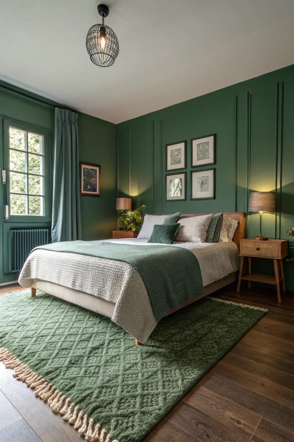 A textured verdant carpet incorporates warmth and defines the setting.