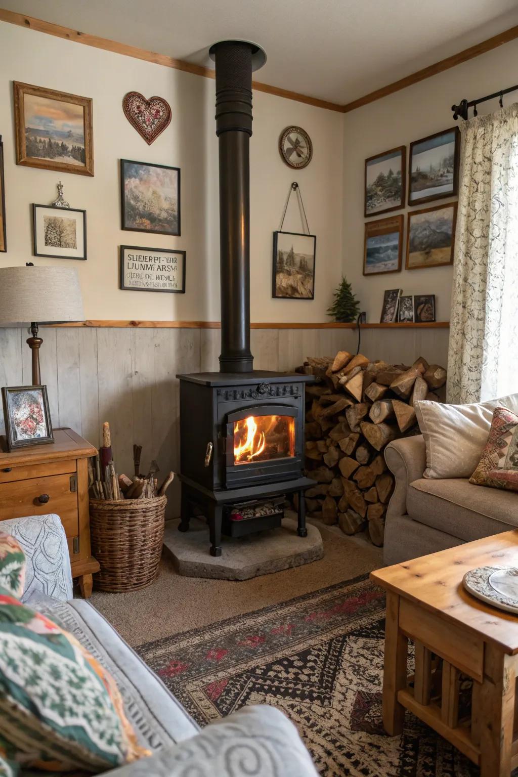 The aesthetic appeal of the fireplace is enhanced by artwork and decorations.
