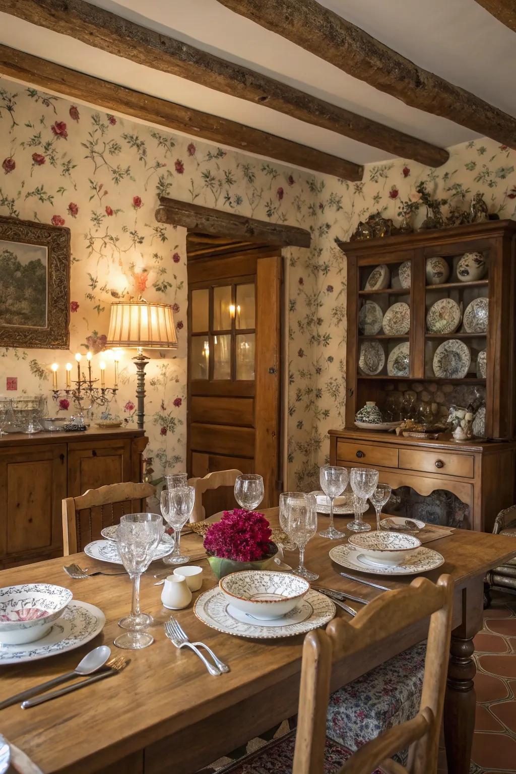 Ornamental dishware introduces character and style to the dining space.