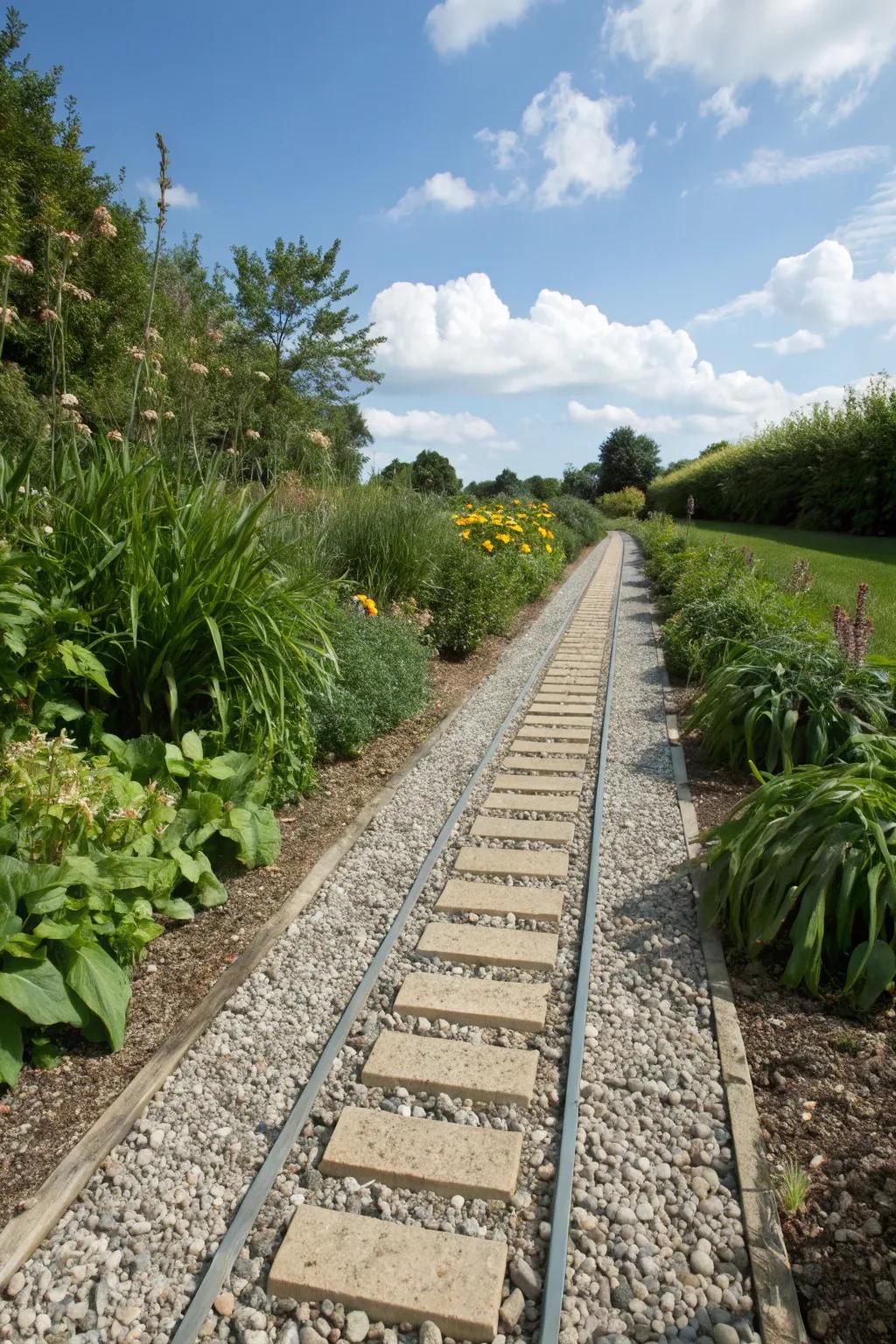 A pervious walkway with crushed stone and pavers, improving drainage effectiveness.