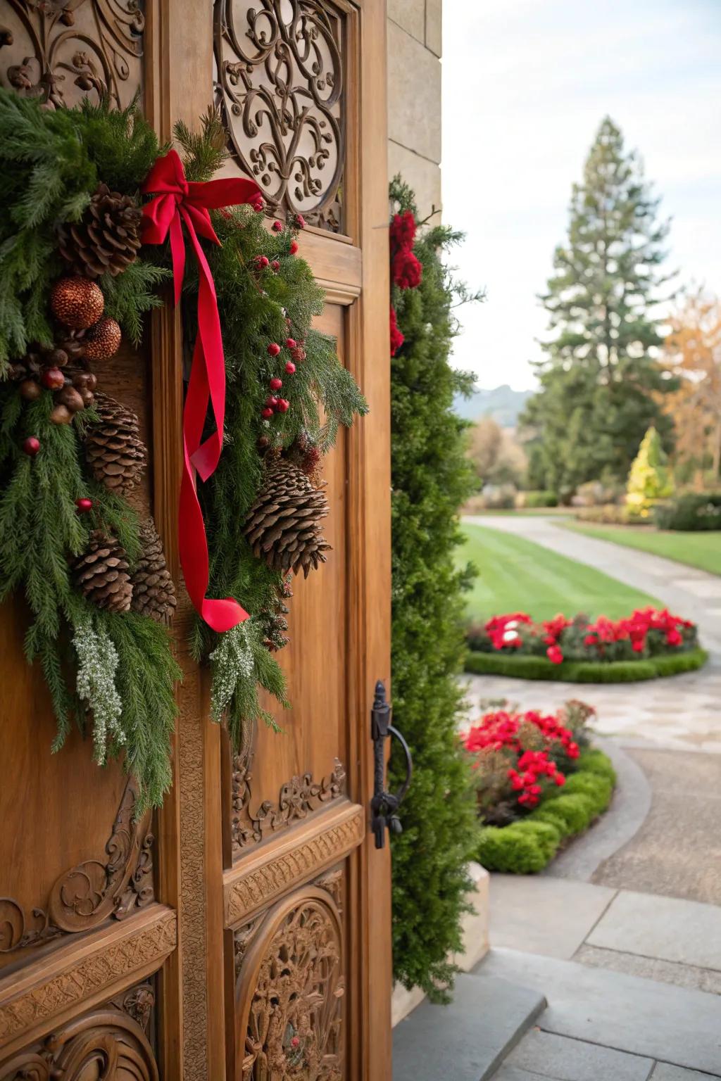 A lush garland gives seasonal panache to the gateway.