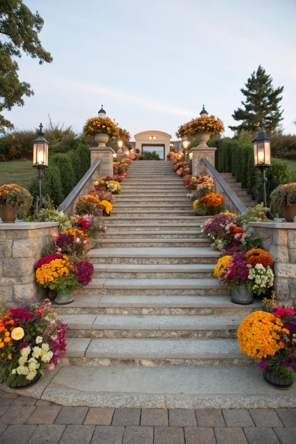 Floral highlights add color to granite steps.