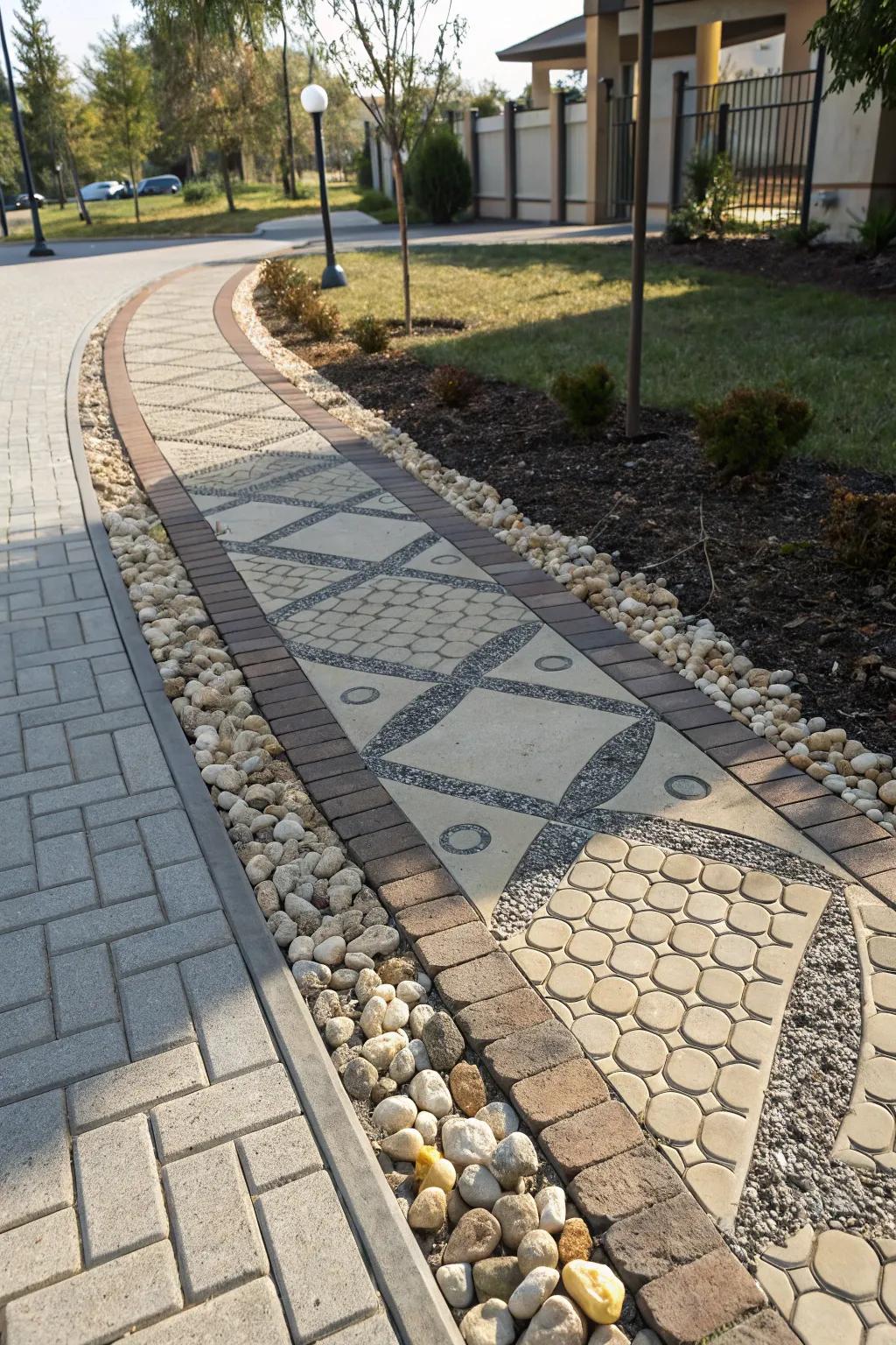 Pebble inlays establish a striking contrast in paver paths.