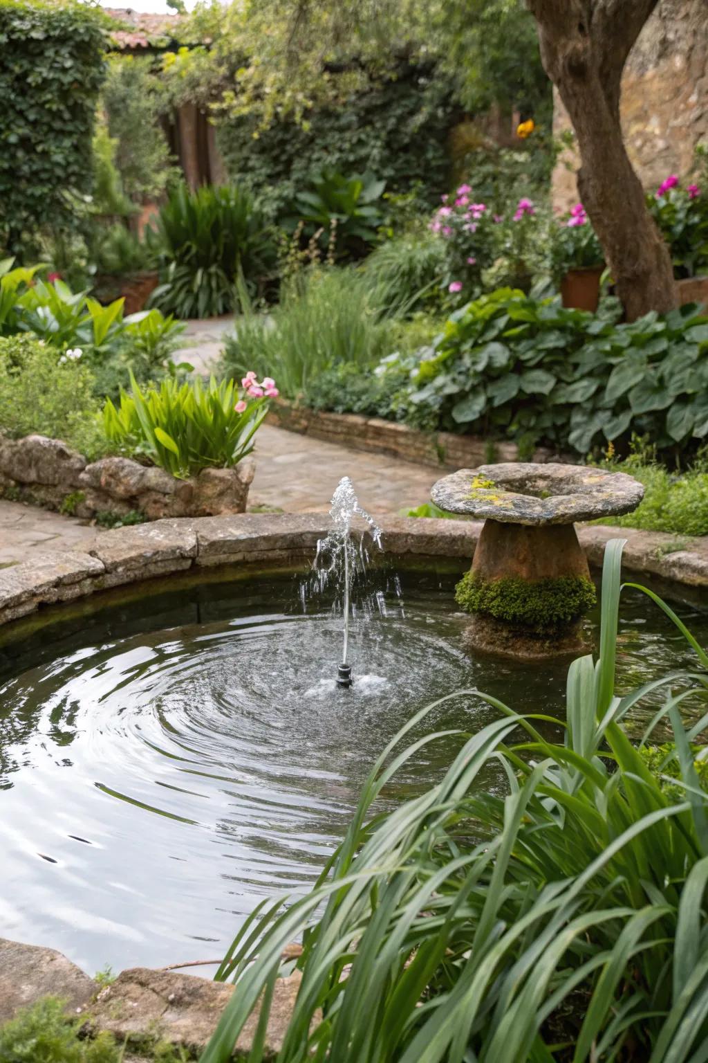 A peaceful garden pond featuring a bubbling fountain.